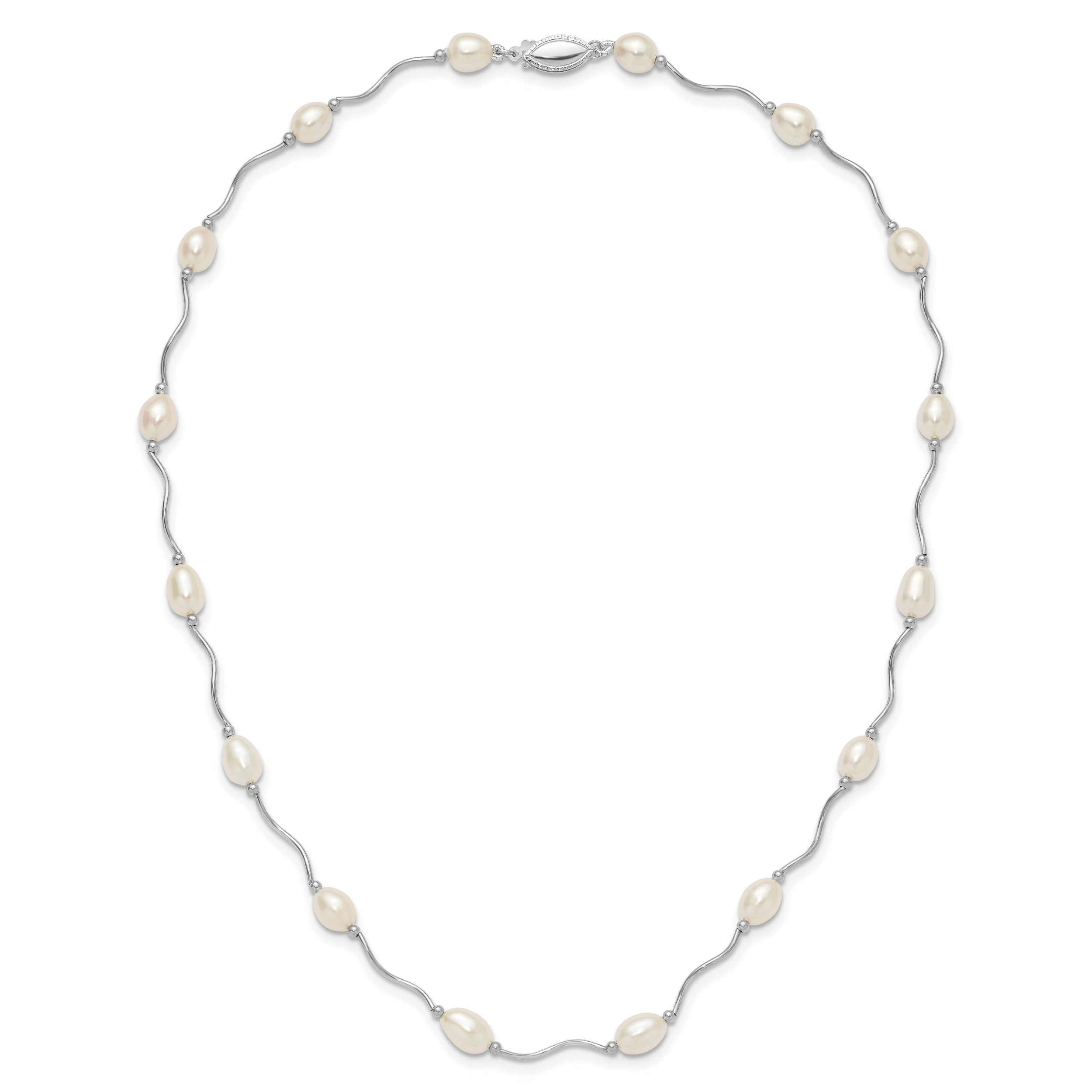 Sterling Silver Rhodium-plated 6-7mm White Rice Freshwater Cultured Pearl 16-Station 18 inch Necklace