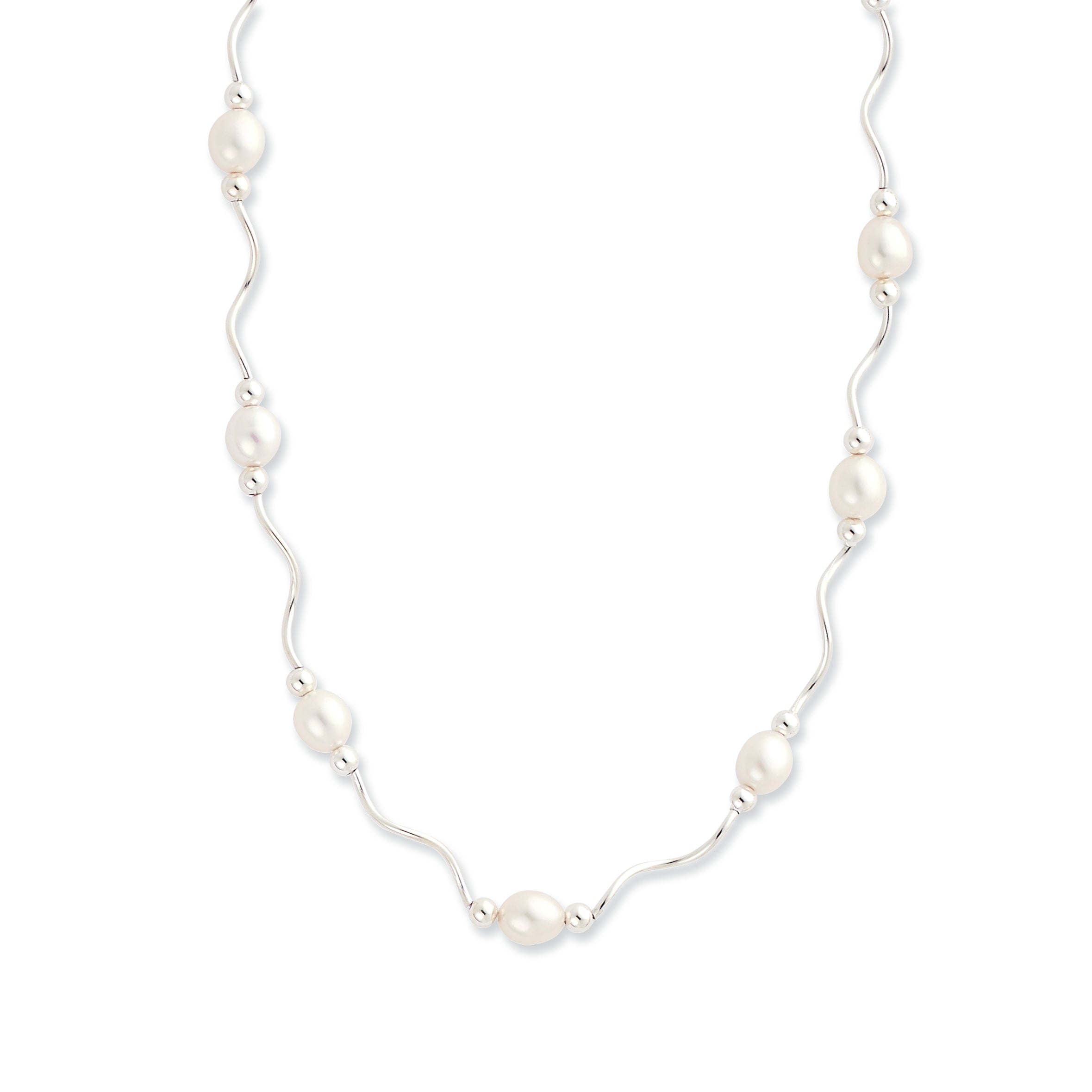 Sterling Silver Rhodium-plated 6-7mm White Rice Freshwater Cultured Pearl 16-Station 18 inch Necklace