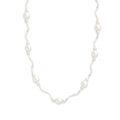 Sterling Silver Rhodium-plated 6-7mm White Rice Freshwater Cultured Pearl 16-Station 18 inch Necklace