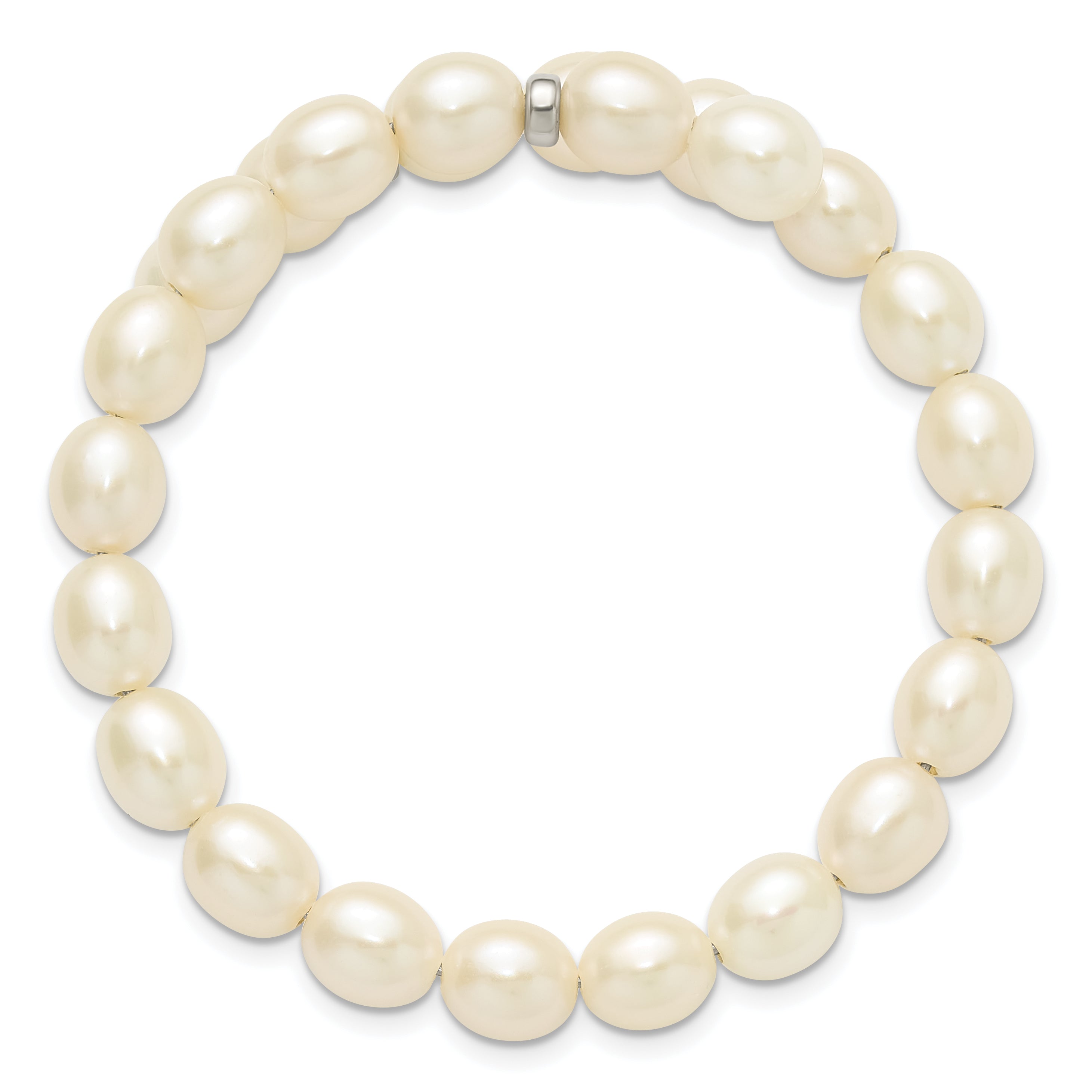 Sterling Silver Rhodium-plated 7-8mm White Rice Freshwater Cultured Pearl Flexible 7.5 inch Bracelet