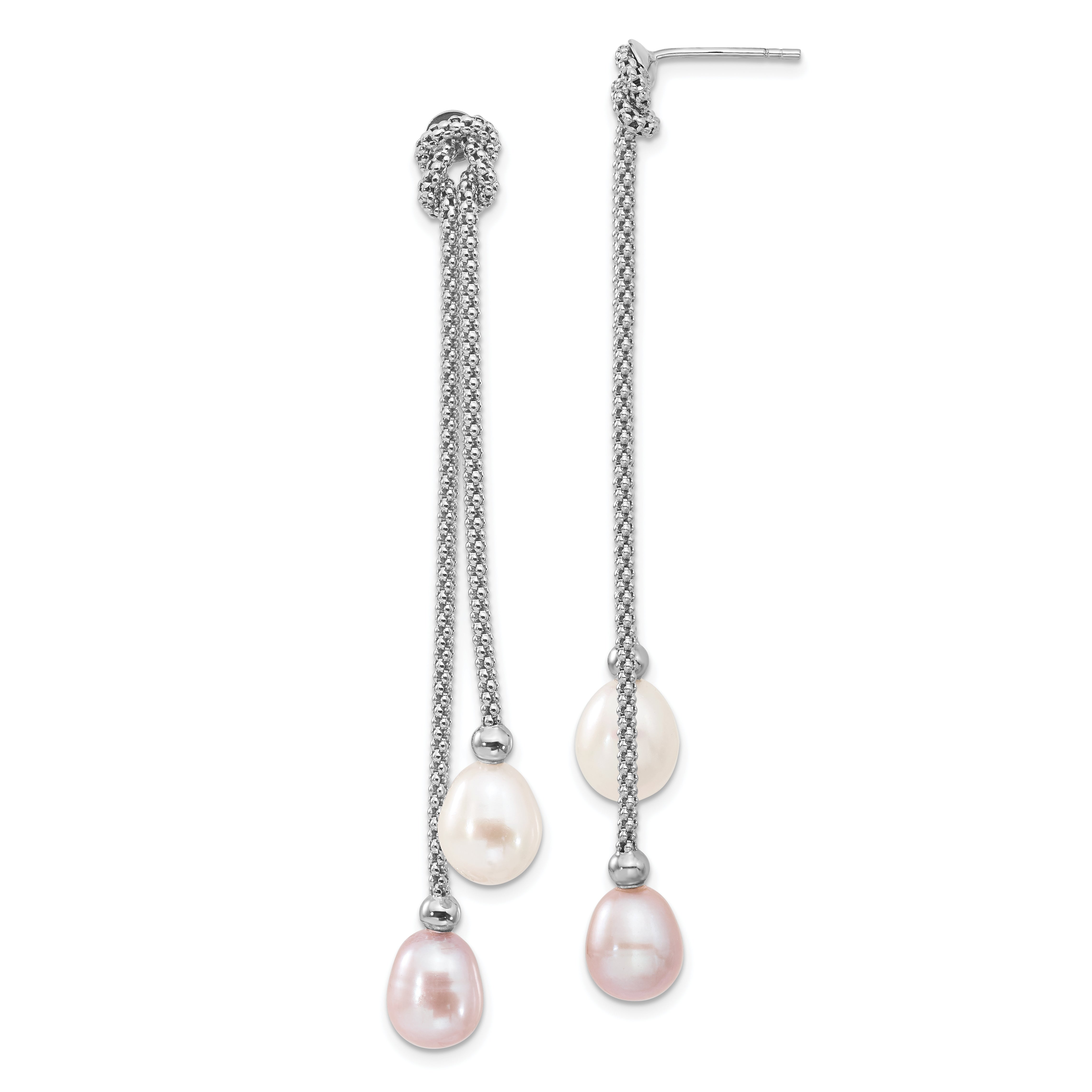 Sterling Silver Rhodium-plated 7-8mm Pink and White Teardrop Freshwater Cultured Pearl Knot 18 inch Necklace and Post Dangle Earrings Set Secondary image