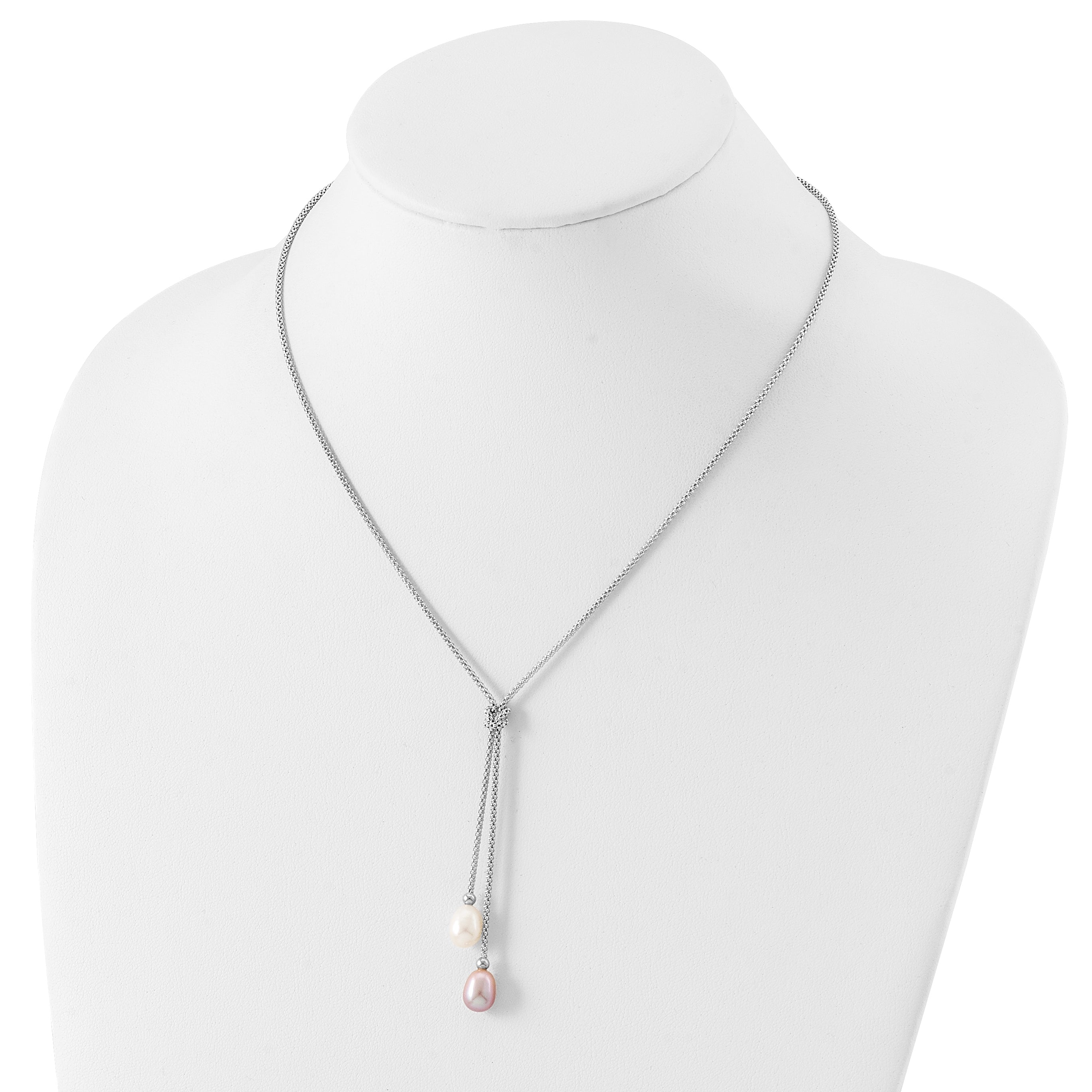 Sterling Silver Rhodium-plated 7-8mm Pink and White Teardrop Freshwater Cultured Pearl Knot 18 inch Necklace and Post Dangle Earrings Set