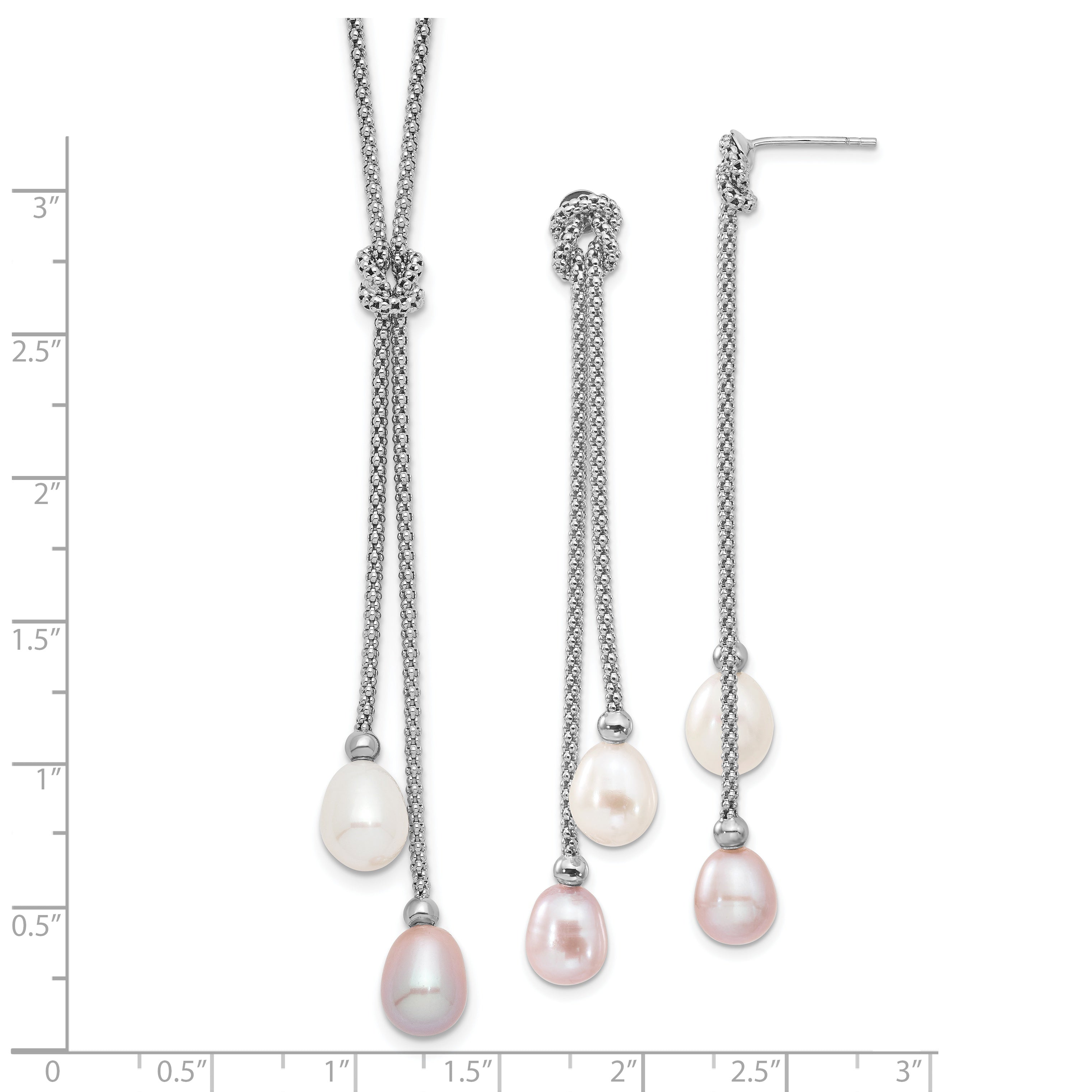 Sterling Silver Rhodium-plated 7-8mm Pink and White Teardrop Freshwater Cultured Pearl Knot 18 inch Necklace and Post Dangle Earrings Set