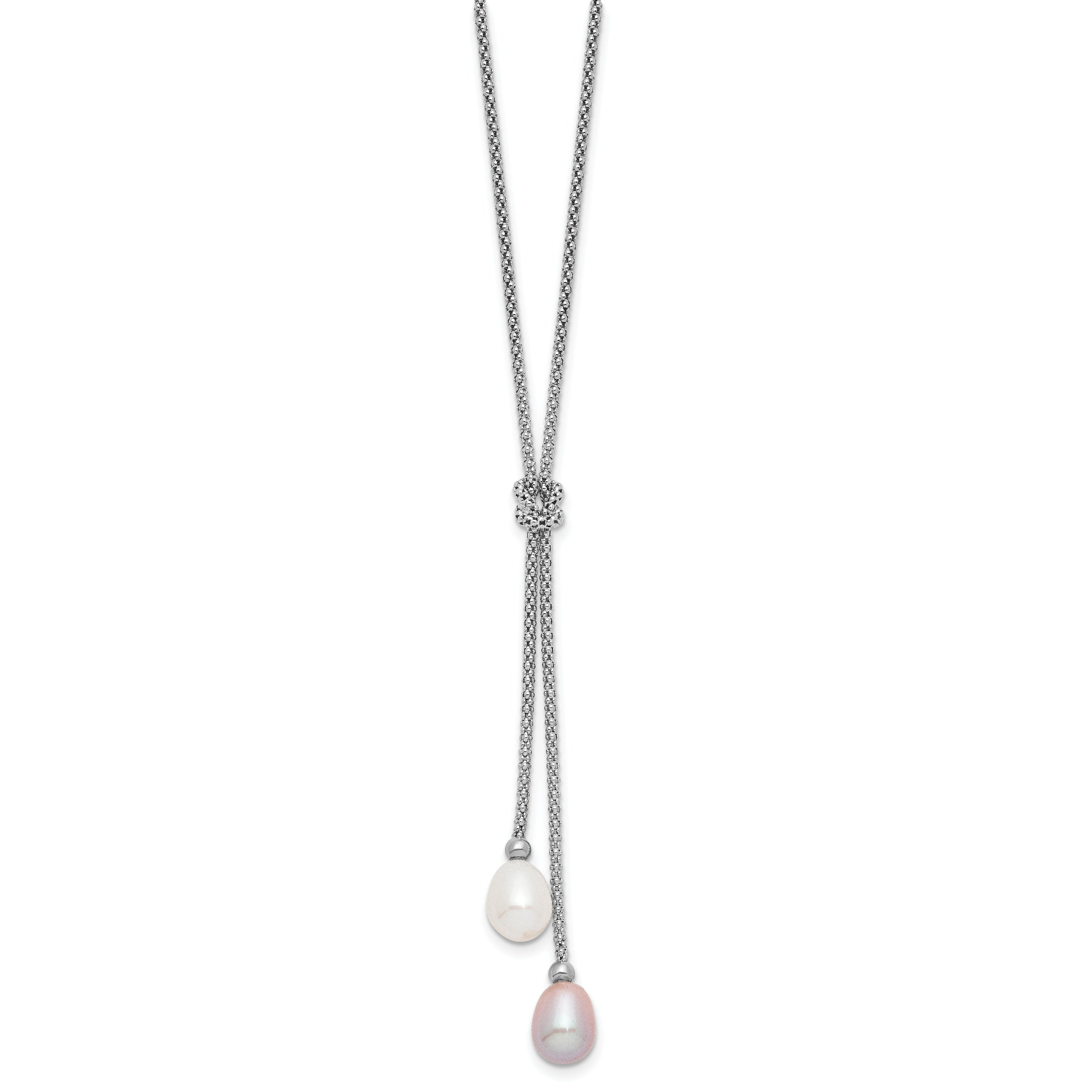 Sterling Silver Rhodium-plated 7-8mm Pink and White Teardrop Freshwater Cultured Pearl Knot 18 inch Necklace and Post Dangle Earrings Set