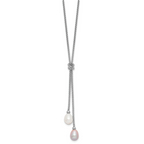 Sterling Silver Rhodium-plated 7-8mm Pink and White Teardrop Freshwater Cultured Pearl Knot 18 inch Necklace and Post Dangle Earrings Set