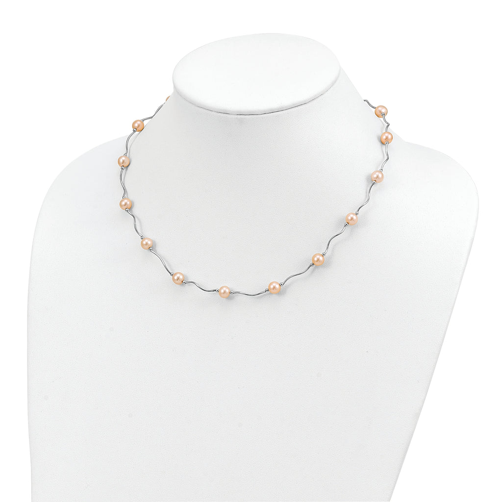 Sterling Silver Rhodium-plated 6-7mm Pink Near-Round Freshwater Cultured Pearl 18-Station 18 inch Necklace