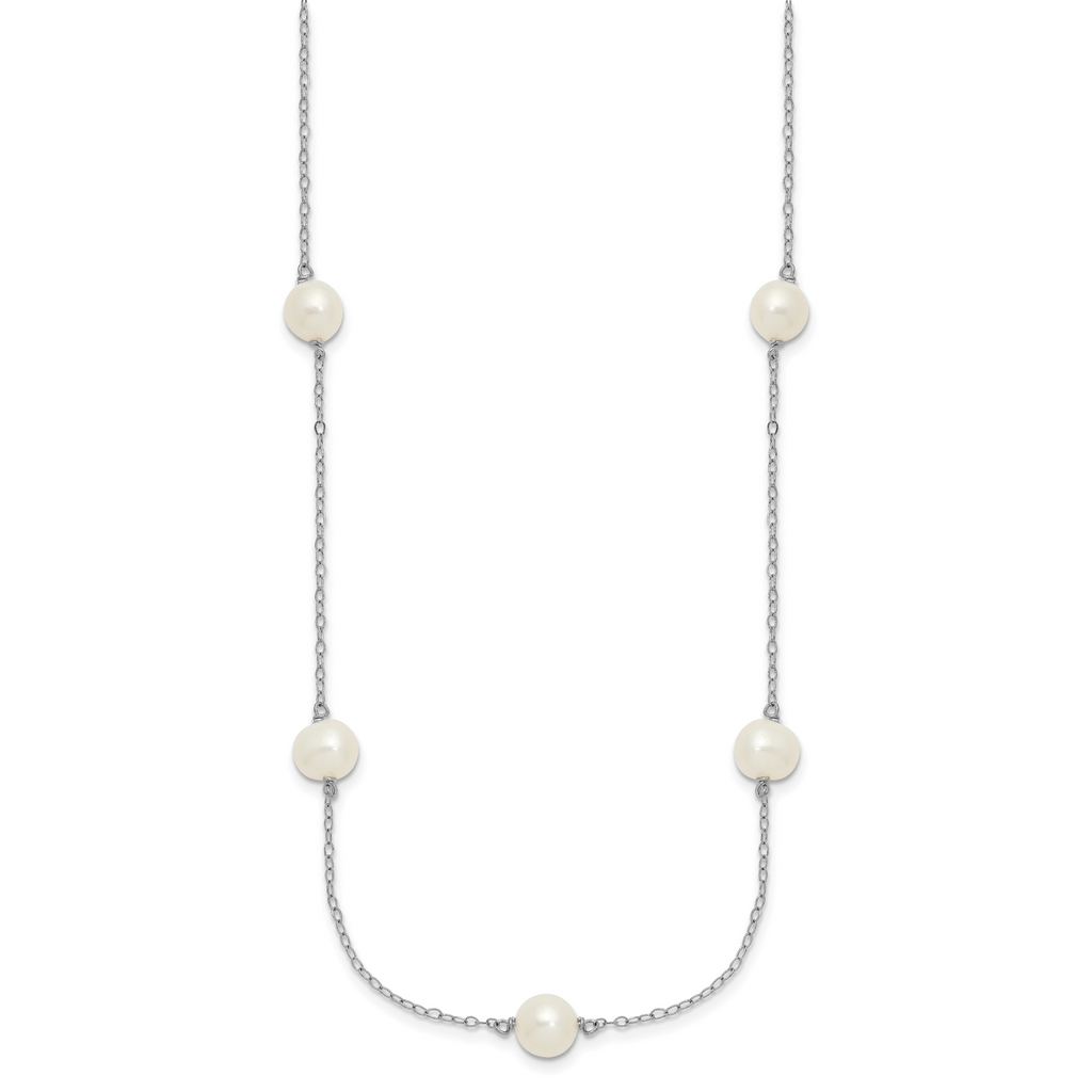 Sterling Silver Rhodium-plated 7-8mm White Near-Round Freshwater Cultured Pearl 7-Station 17 inch with 2 inch Extension Necklace
