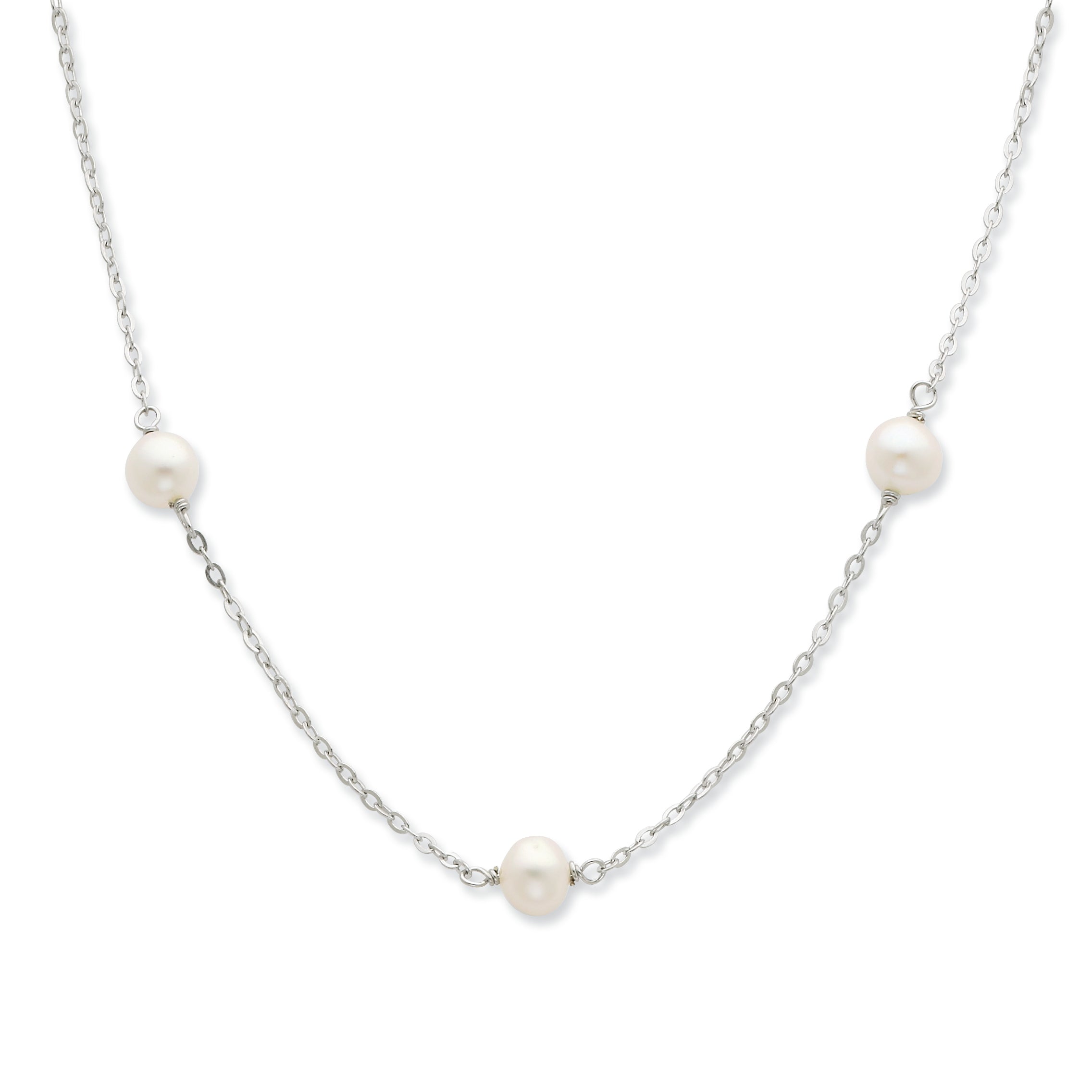 Sterling Silver Rhodium-plated 7-8mm White Near-Round Freshwater Cultured Pearl 7-Station 17 inch with 2 inch Extension Necklace Secondary image