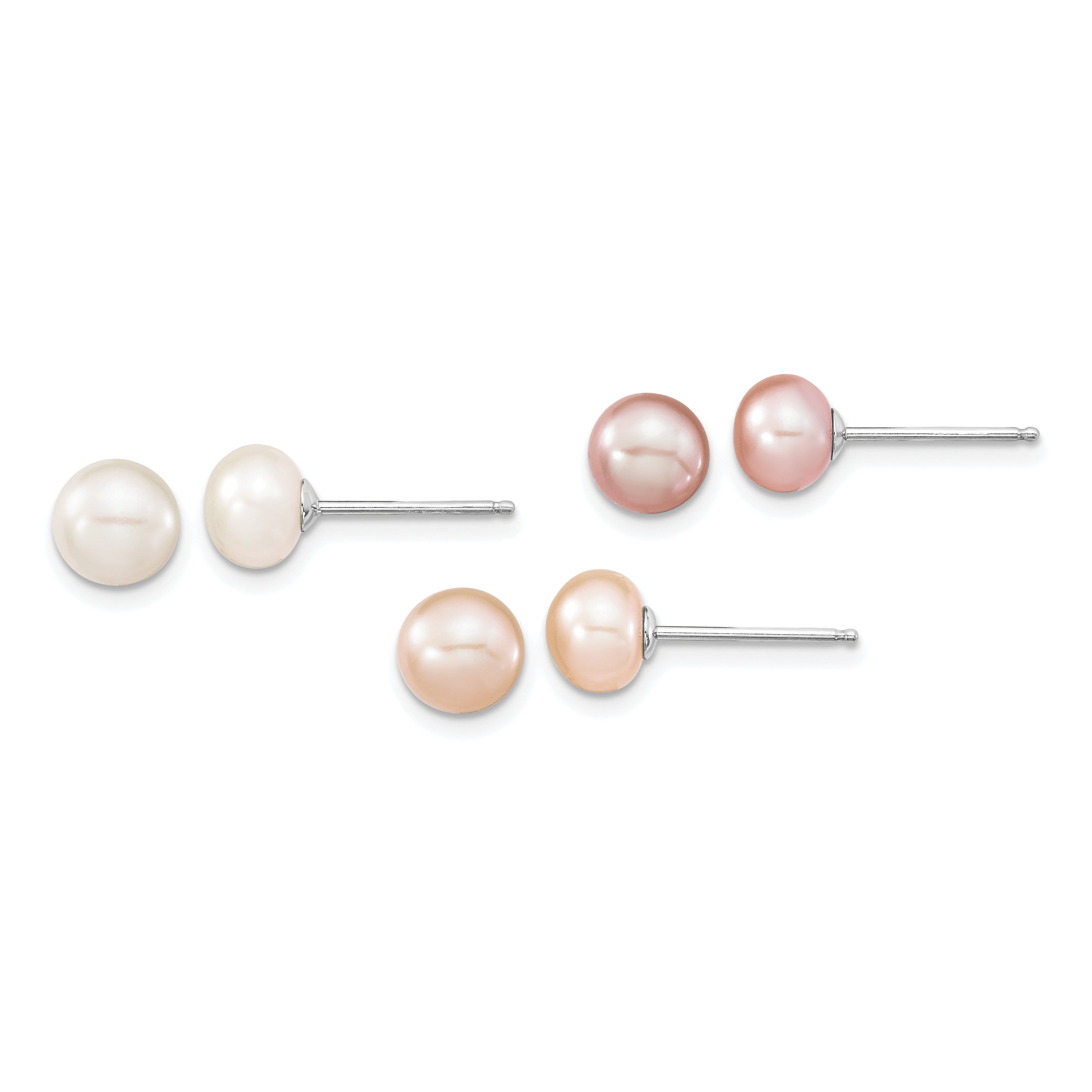 Sterling Silver Rhodium-plated 6-7mm White, Pink and Purple Semi-Round Freshwater Cultured Pearl 18 inch Necklace, 7.25 inch Bracelet and 3-piece Button Post Earrings Set Secondary image