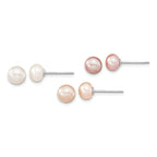 Sterling Silver Rhodium-plated 6-7mm White, Pink and Purple Semi-Round Freshwater Cultured Pearl 18 inch Necklace, 7.25 inch Bracelet and 3-piece Button Post Earrings Set