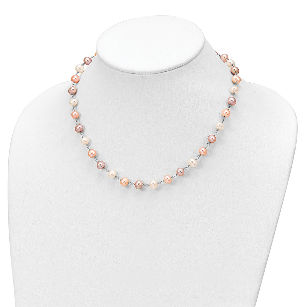 Sterling Silver Rhodium-plated 6-7mm White, Pink and Purple Semi-Round Freshwater Cultured Pearl 18 inch Necklace, 7.25 inch Bracelet and 3-piece Button Post Earrings Set