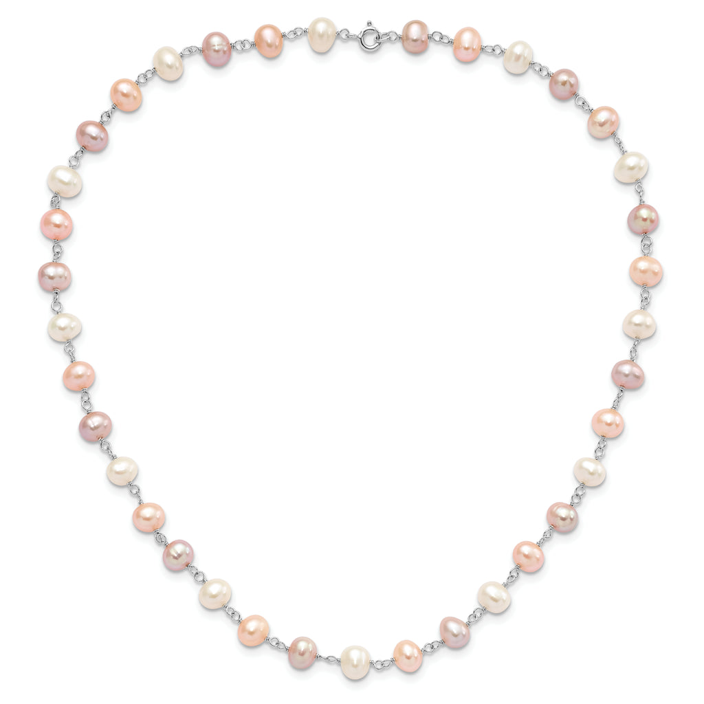 Sterling Silver Rhodium-plated 6-7mm White, Pink and Purple Semi-Round Freshwater Cultured Pearl 18 inch Necklace, 7.25 inch Bracelet and 3-piece Button Post Earrings Set