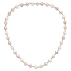 Sterling Silver Rhodium-plated 6-7mm White, Pink and Purple Semi-Round Freshwater Cultured Pearl 18 inch Necklace, 7.25 inch Bracelet and 3-piece Button Post Earrings Set