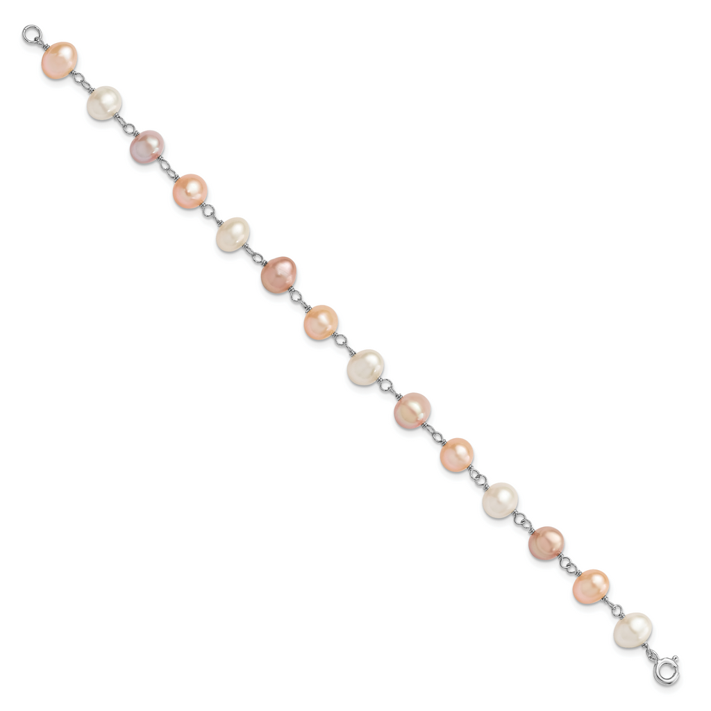 Sterling Silver Rhodium-plated 6-7mm White, Pink and Purple Semi-Round Freshwater Cultured Pearl 18 inch Necklace, 7.25 inch Bracelet and 3-piece Button Post Earrings Set