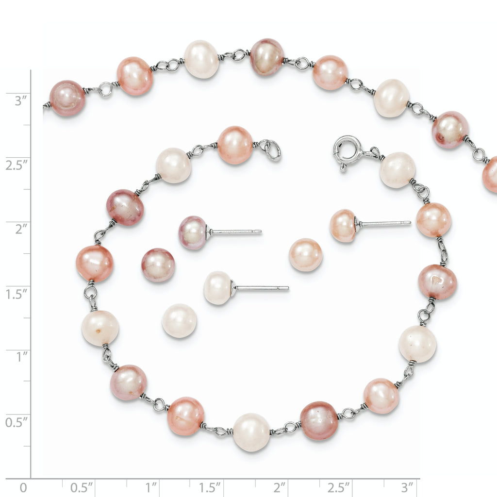 Sterling Silver Rhodium-plated 6-7mm White, Pink and Purple Semi-Round Freshwater Cultured Pearl 18 inch Necklace, 7.25 inch Bracelet and 3-piece Button Post Earrings Set