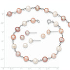 Sterling Silver Rhodium-plated 6-7mm White, Pink and Purple Semi-Round Freshwater Cultured Pearl 18 inch Necklace, 7.25 inch Bracelet and 3-piece Button Post Earrings Set