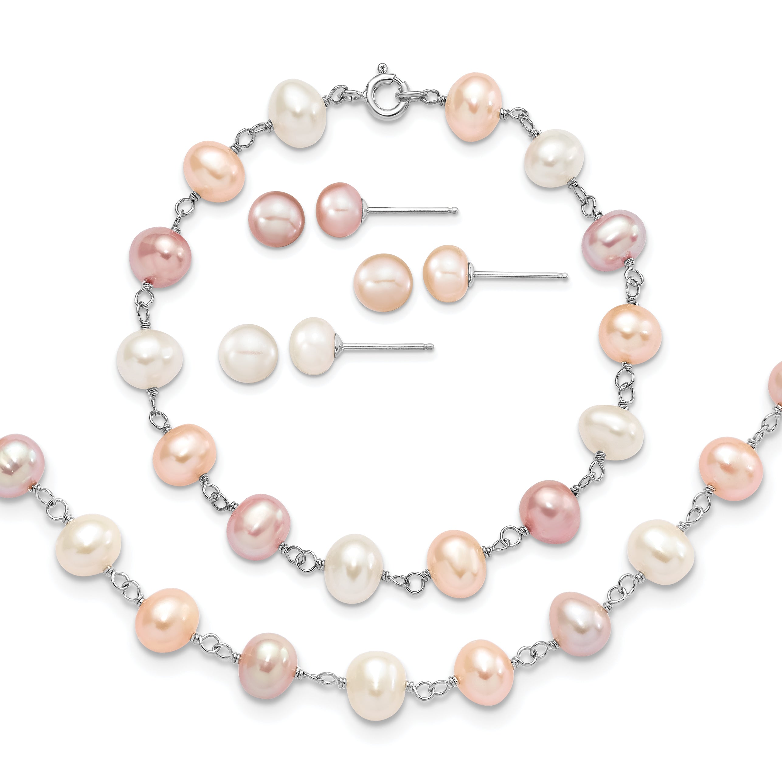 Sterling Silver Rhodium-plated 6-7mm White, Pink and Purple Semi-Round Freshwater Cultured Pearl 18 inch Necklace, 7.25 inch Bracelet and 3-piece Button Post Earrings Set Main image