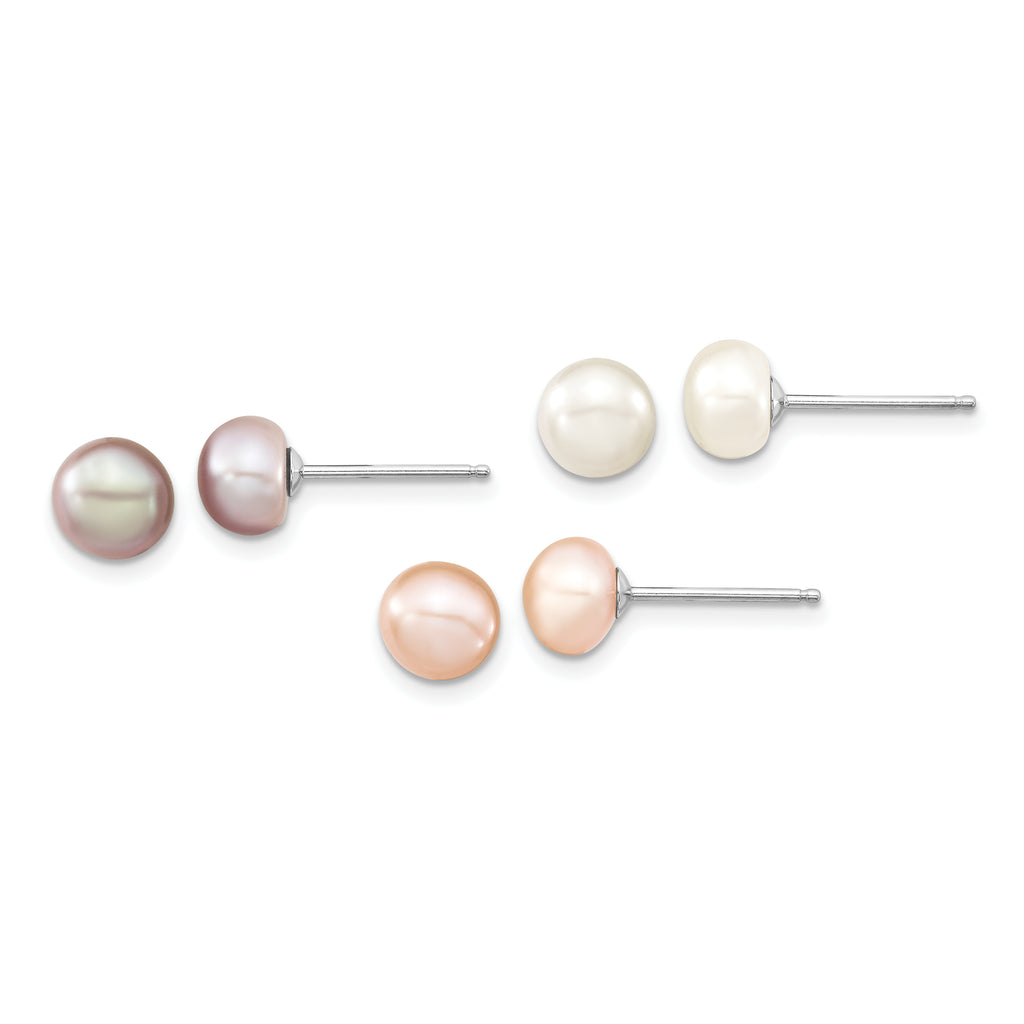 Sterling Silver Rhodium-plated 6-7mm White, Pink and Purple Semi-Round Freshwater Cultured Pearl 18 inch Necklace, 7.25 inch Bracelet and 3-piece Button Post Earrings Set