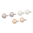 Sterling Silver Rhodium-plated 6-7mm White, Pink and Purple Semi-Round Freshwater Cultured Pearl 18 inch Necklace, 7.25 inch Bracelet and 3-piece Button Post Earrings Set