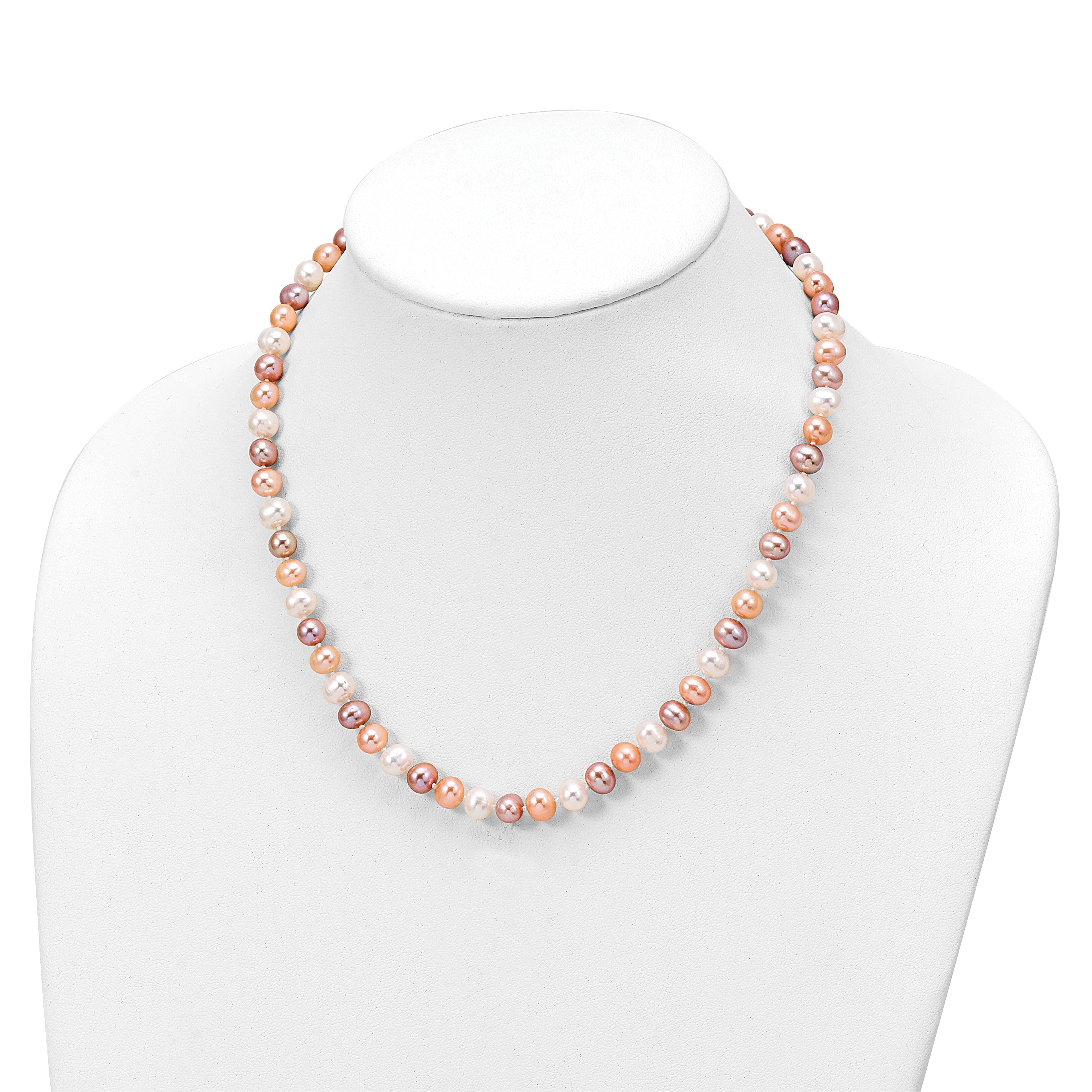 Sterling Silver Rhodium-plated 6-7mm White, Pink and Purple Semi-Round Freshwater Cultured Pearl 18 inch Necklace, 7.25 inch Bracelet and 3-piece Button Post Earrings Set