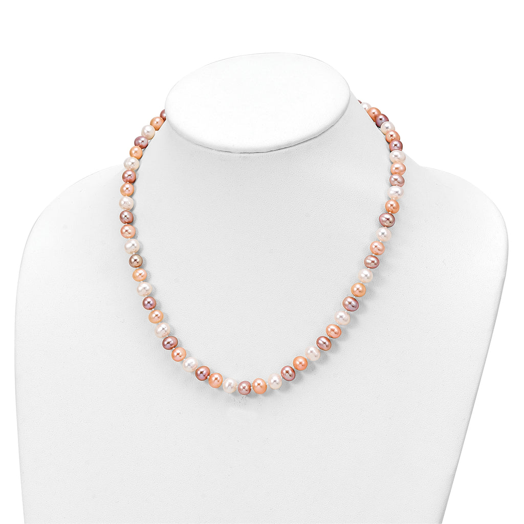 Sterling Silver Rhodium-plated 6-7mm White, Pink and Purple Semi-Round Freshwater Cultured Pearl 18 inch Necklace, 7.25 inch Bracelet and 3-piece Button Post Earrings Set