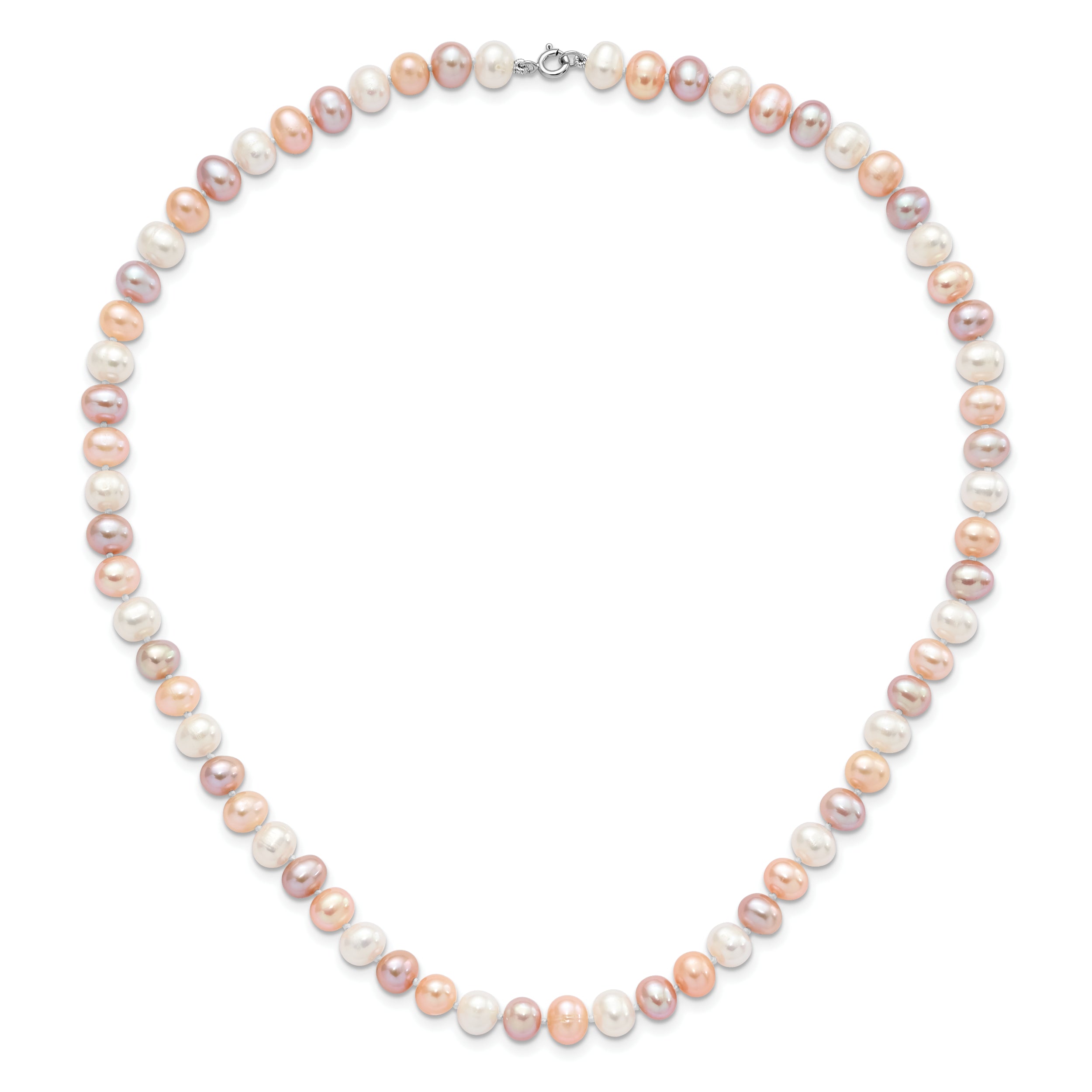 Sterling Silver Rhodium-plated 6-7mm White, Pink and Purple Semi-Round Freshwater Cultured Pearl 18 inch Necklace, 7.25 inch Bracelet and 3-piece Button Post Earrings Set