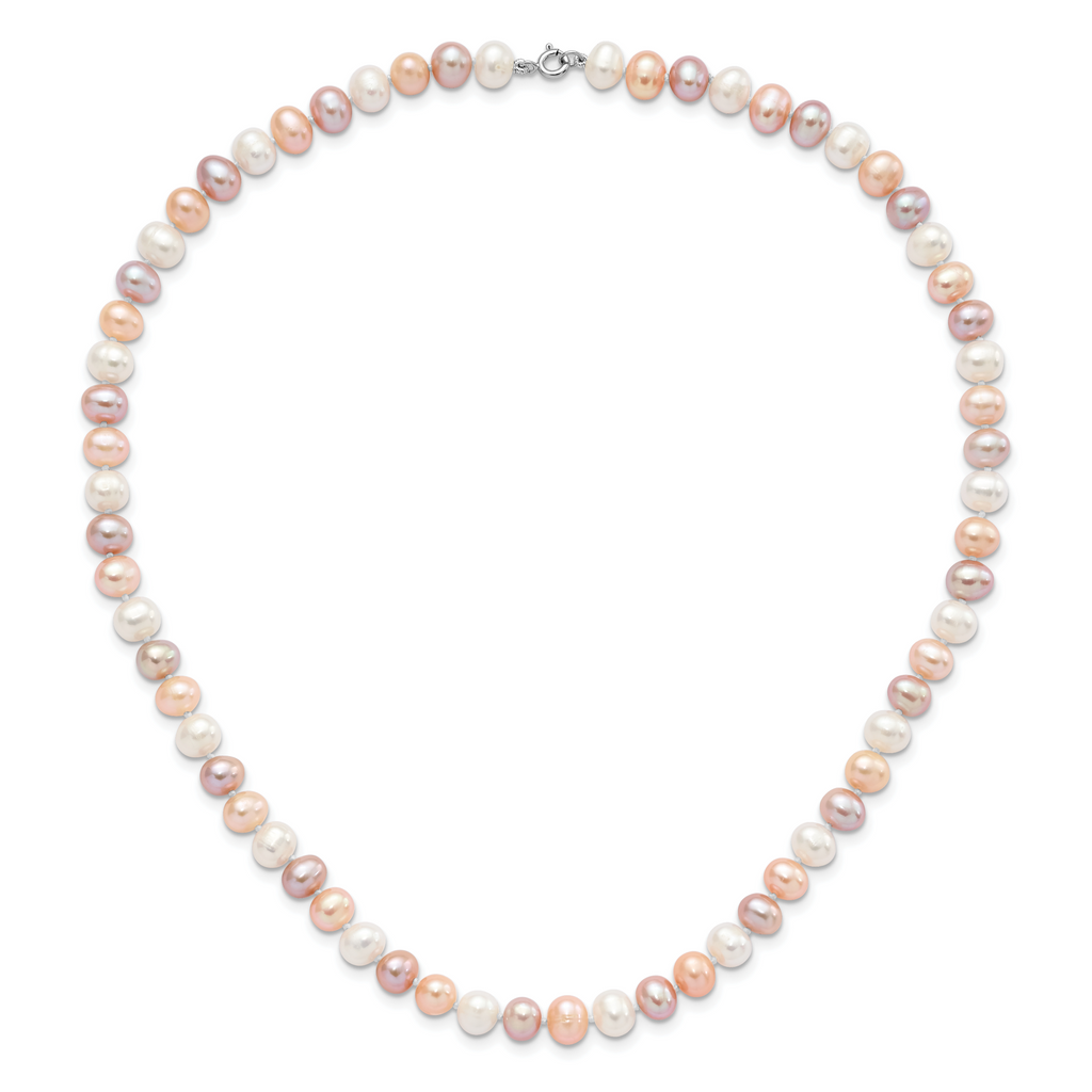 Sterling Silver Rhodium-plated 6-7mm White, Pink and Purple Semi-Round Freshwater Cultured Pearl 18 inch Necklace, 7.25 inch Bracelet and 3-piece Button Post Earrings Set