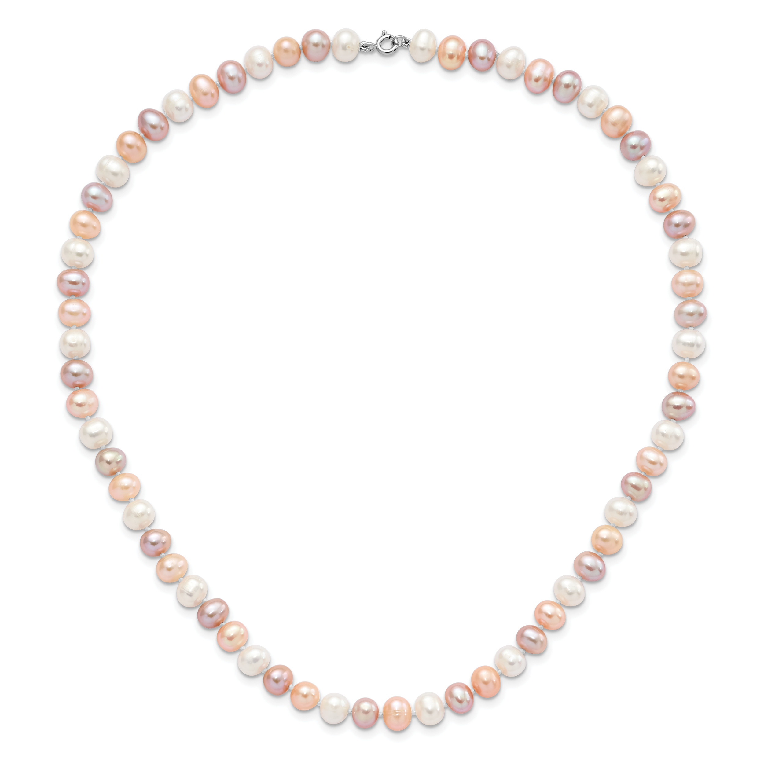 Sterling Silver Rhodium-plated 6-7mm White, Pink and Purple Semi-Round Freshwater Cultured Pearl 18 inch Necklace, 7.25 inch Bracelet and 3-piece Button Post Earrings Set