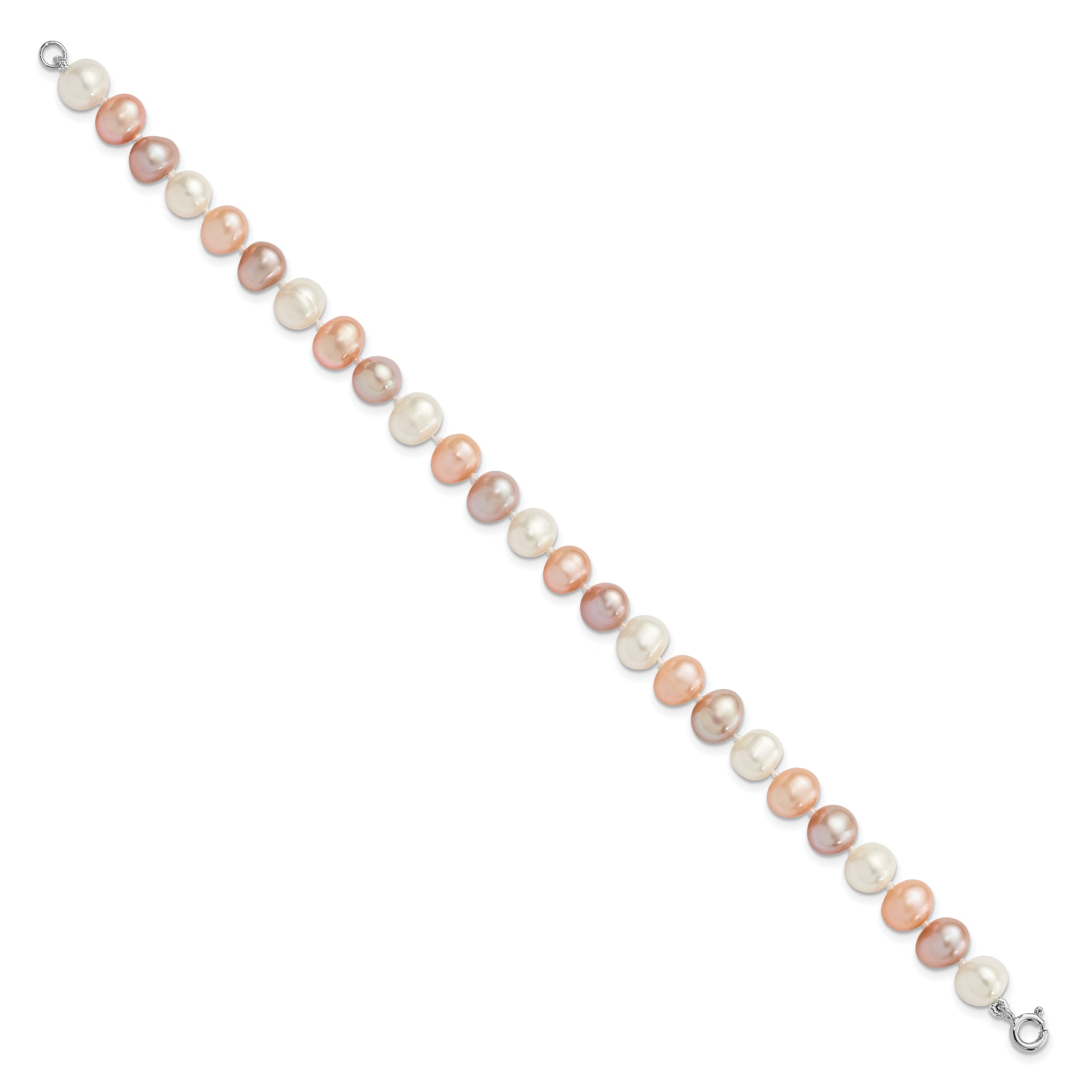 Sterling Silver Rhodium-plated 6-7mm White, Pink and Purple Semi-Round Freshwater Cultured Pearl 18 inch Necklace, 7.25 inch Bracelet and 3-piece Button Post Earrings Set