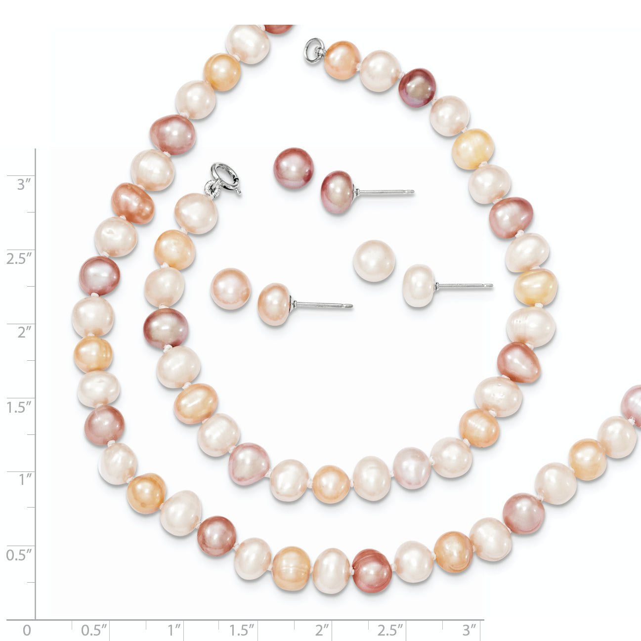 Sterling Silver Rhodium-plated 6-7mm White, Pink and Purple Semi-Round Freshwater Cultured Pearl 18 inch Necklace, 7.25 inch Bracelet and 3-piece Button Post Earrings Set
