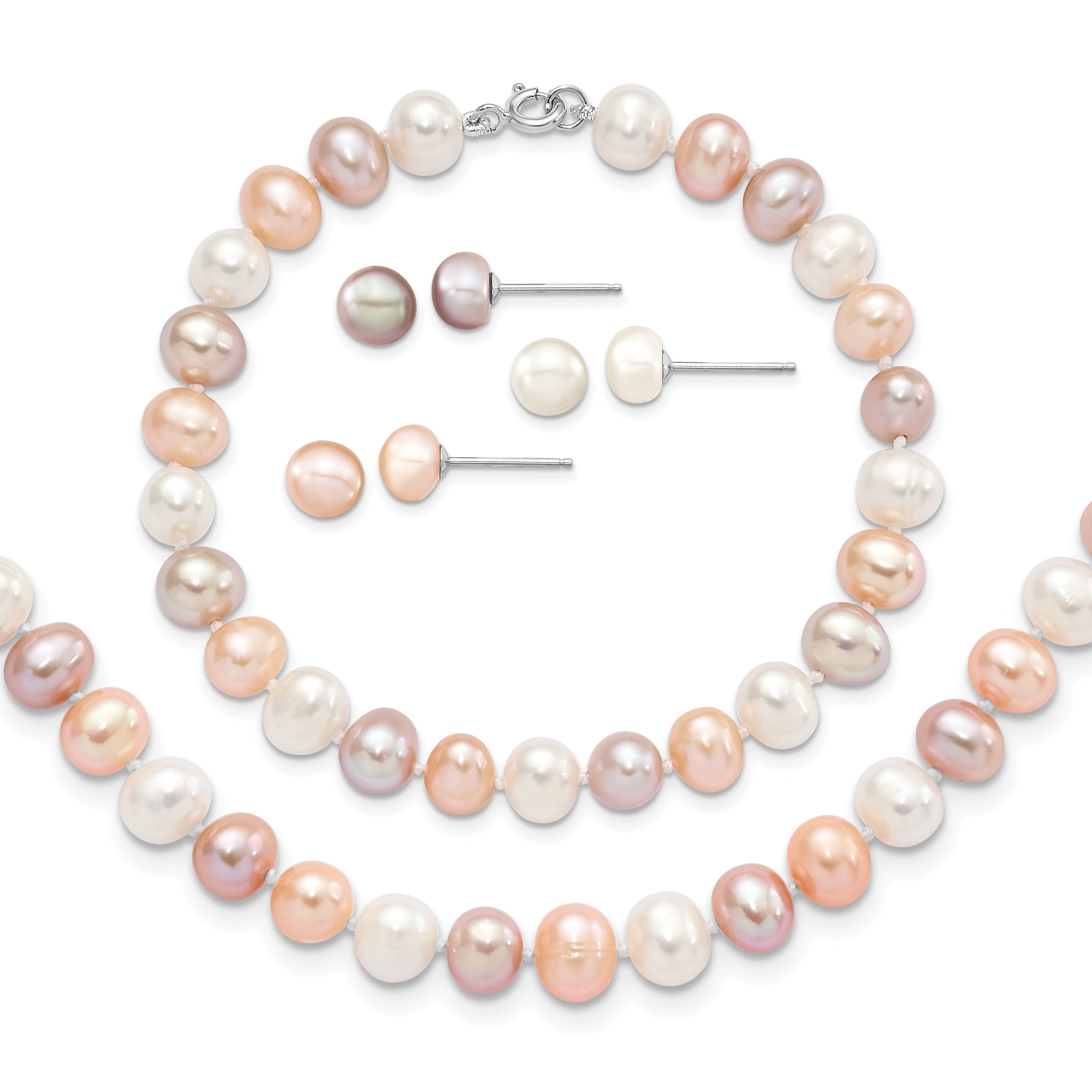 Sterling Silver Rhodium-plated 6-7mm White, Pink and Purple Semi-Round Freshwater Cultured Pearl 18 inch Necklace, 7.25 inch Bracelet and 3-piece Button Post Earrings Set Main image