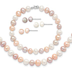 Sterling Silver Rhodium-plated 6-7mm White, Pink and Purple Semi-Round Freshwater Cultured Pearl 18 inch Necklace, 7.25 inch Bracelet and 3-piece Button Post Earrings Set
