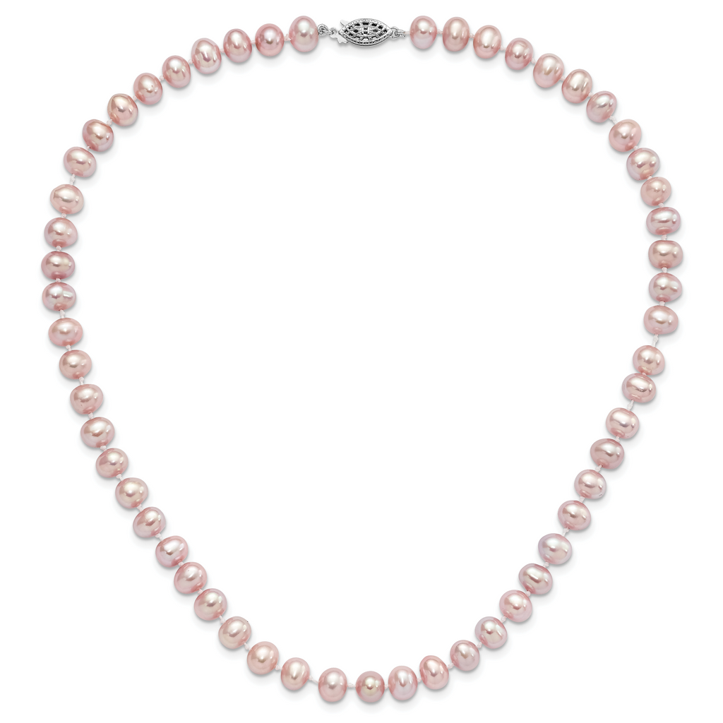 Sterling Silver Rhodium-plated 7-8mm Purple Near-Round Freshwater Cultured Pearl 24 inch Necklace