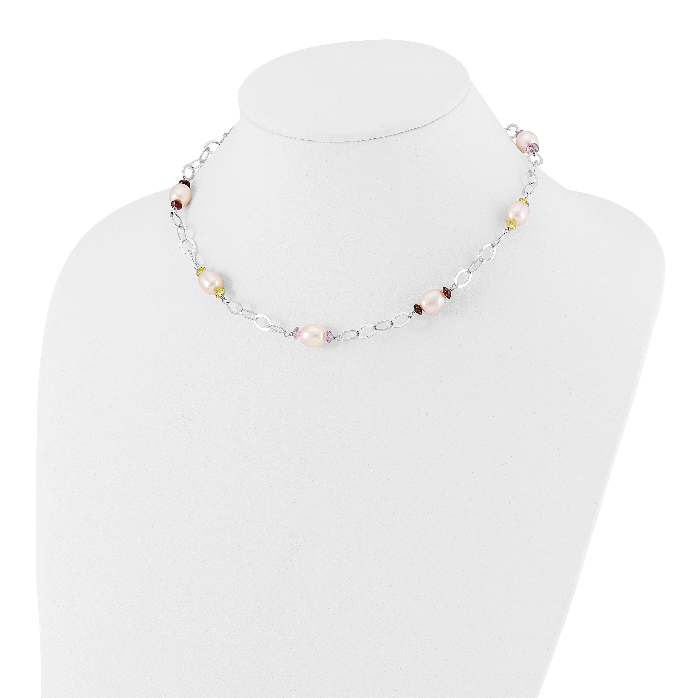 Sterling Silver 8-9mm Purple Freshwater Cultured Pearl & Multicolor Stone With 2in ext. Necklace