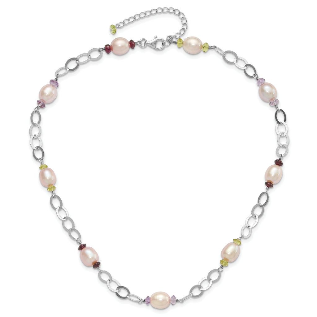 Sterling Silver 8-9mm Purple Freshwater Cultured Pearl & Multicolor Stone With 2in ext. Necklace