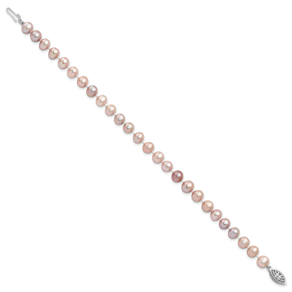 Sterling Silver Rhodium-plated 6-7mm Purple Near-Round Freshwater Cultured Pearl 7.25 inch Bracelet