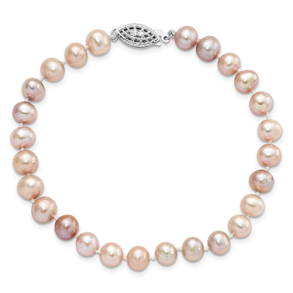 Sterling Silver Rhodium-plated 6-7mm Purple Near-Round Freshwater Cultured Pearl 7.25 inch Bracelet