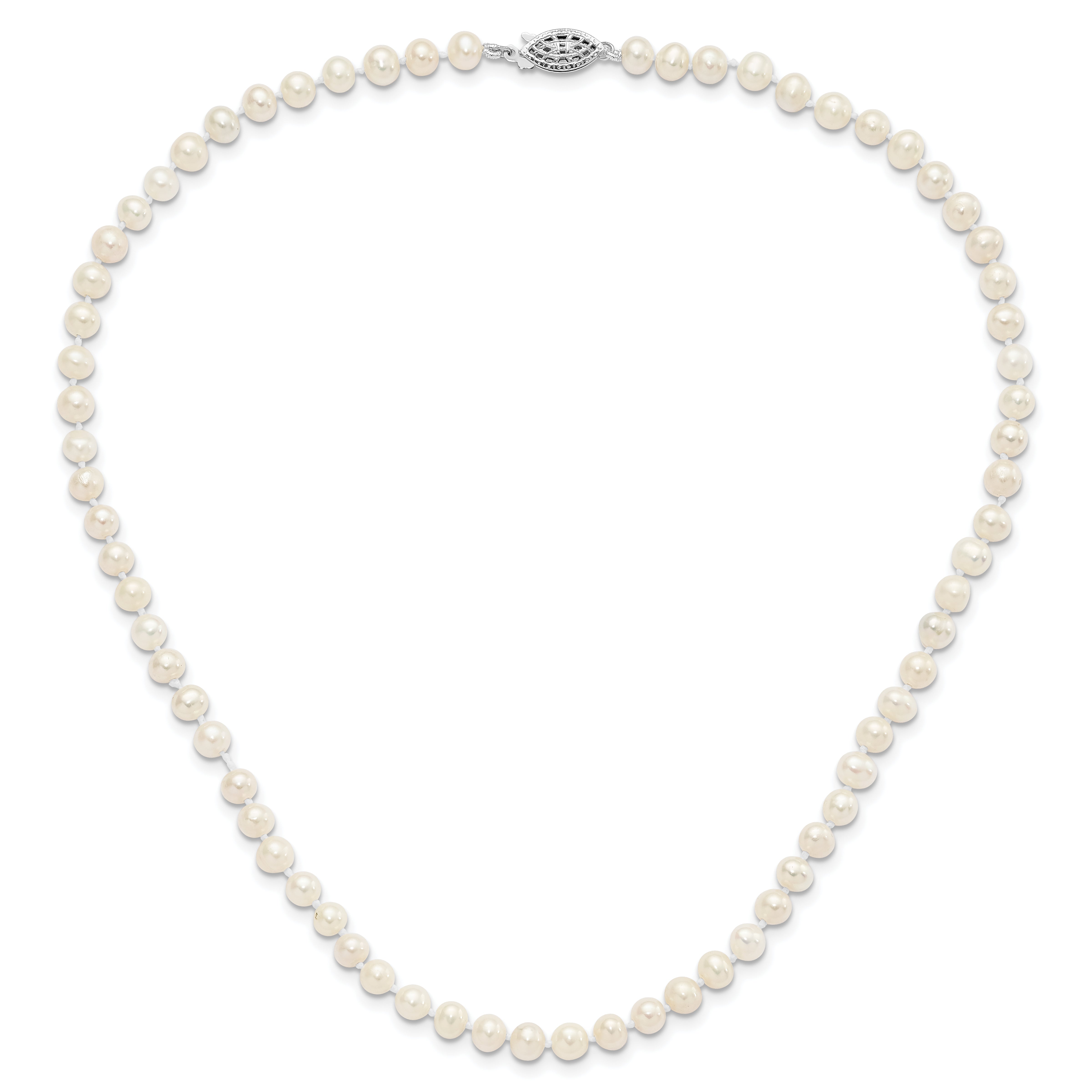 Sterling Silver Rhodium-plated 5-6mm White Near-Round Freshwater Cultured Pearl 24 inch Necklace