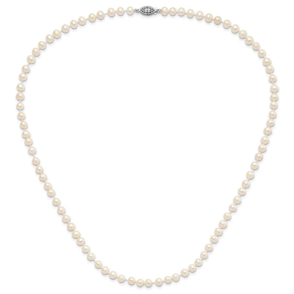 Sterling Silver Rhodium-plated 5-6mm White Near-Round Freshwater Cultured Pearl Necklace
