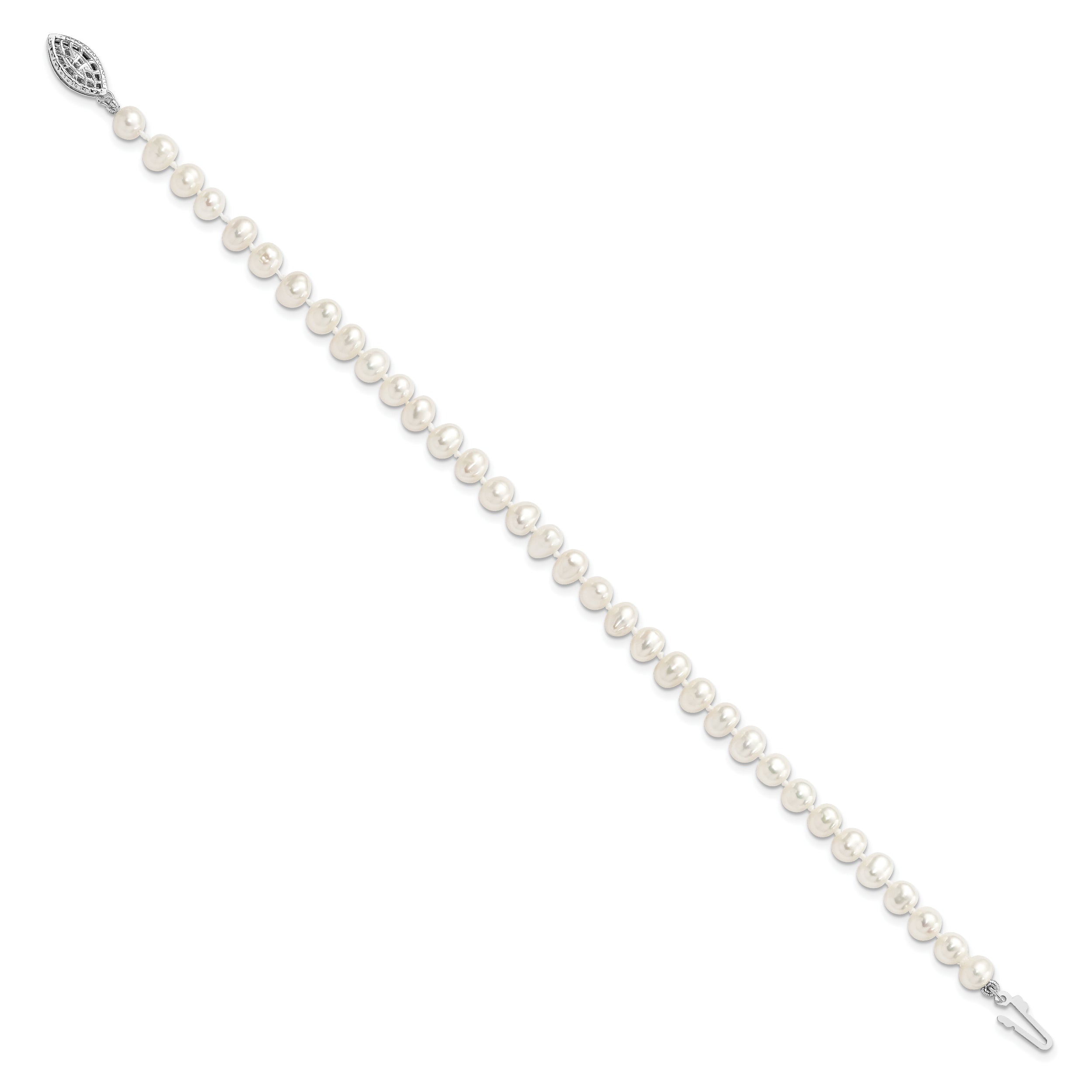 Sterling Silver Rhodium-plated 5-6mm White Near-Round Freshwater Cultured Pearl 7.25 inch Bracelet