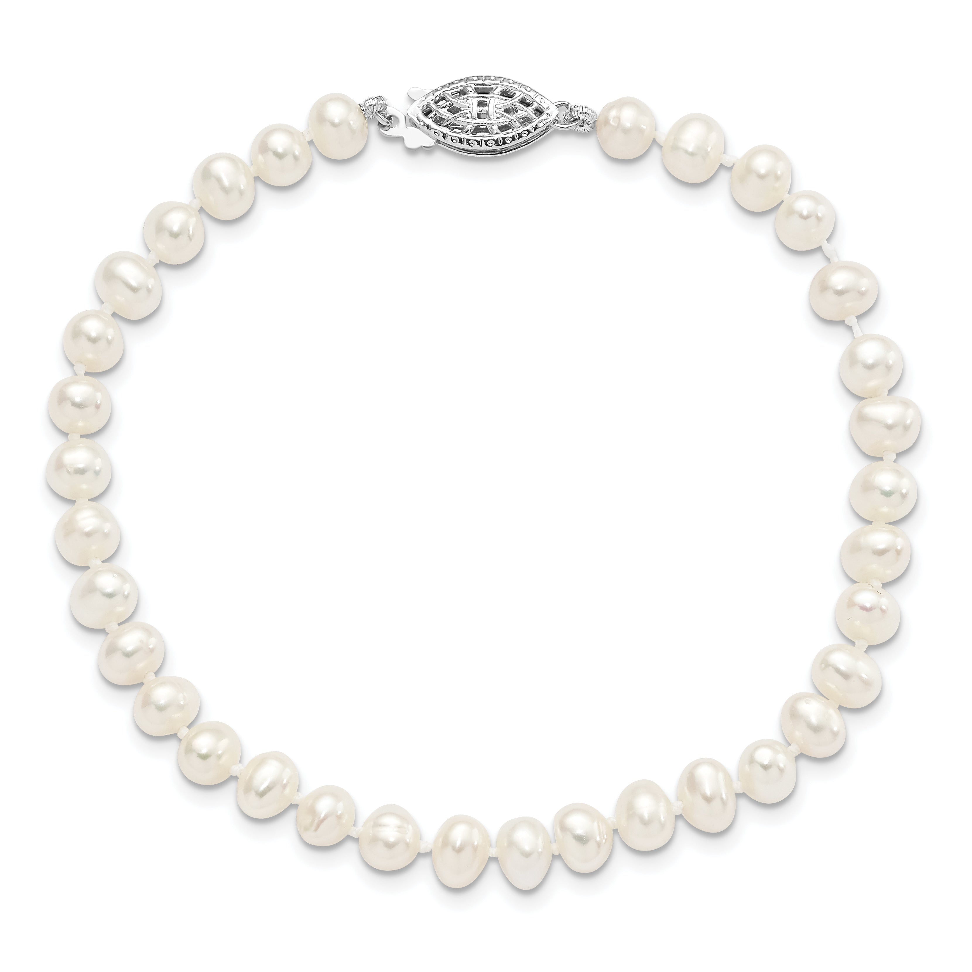 Sterling Silver Rhodium-plated 5-6mm White Near-Round Freshwater Cultured Pearl 7.25 inch Bracelet