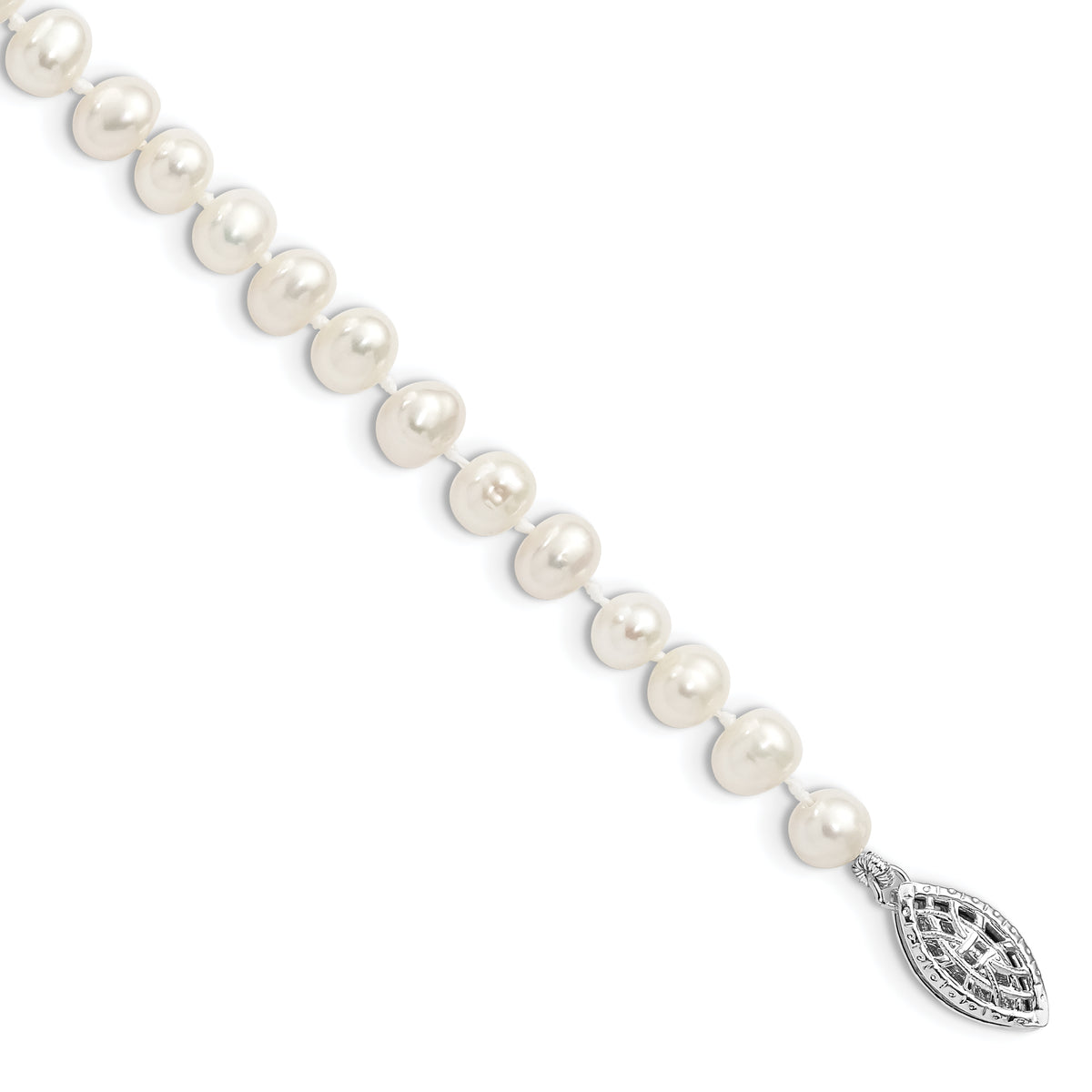 Sterling Silver Rhodium-plated 5-6mm White Near-Round Freshwater Cultured Pearl 7.25 inch Bracelet