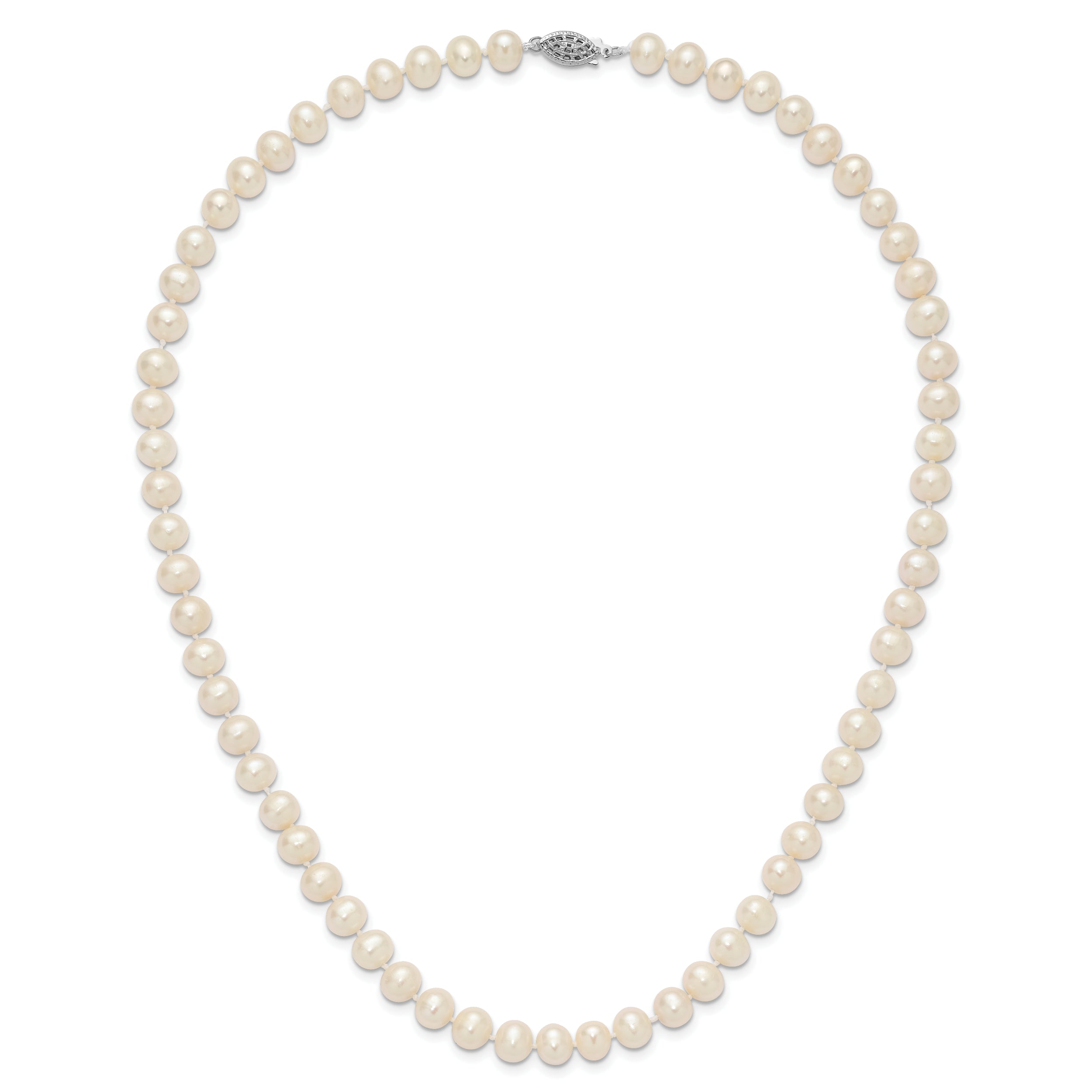 Sterling Silver Rhodium-plated 7-8mm White Near-Round Freshwater Cultured Pearl 20 inch Necklace