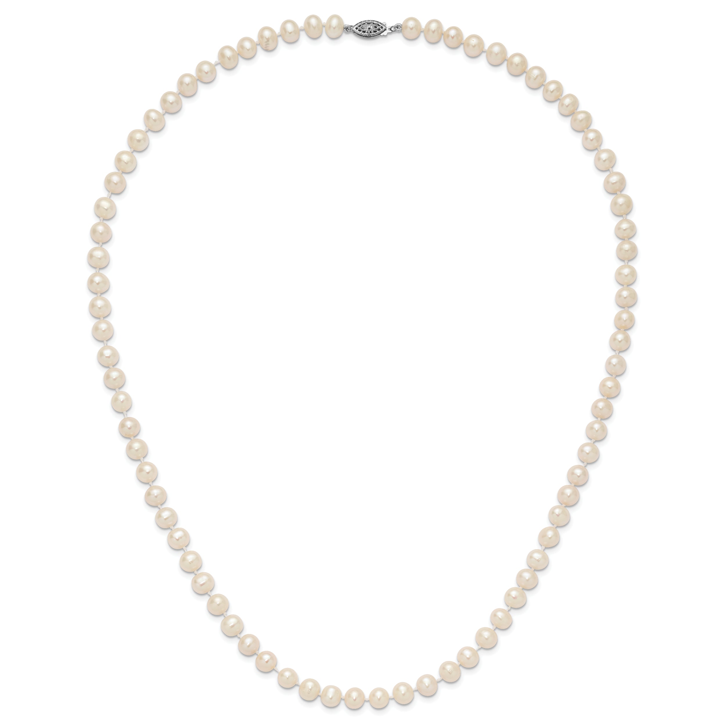 Sterling Silver Rhodium-plated 7-8mm White Near-Round Freshwater Cultured Pearl 24 inch Necklace