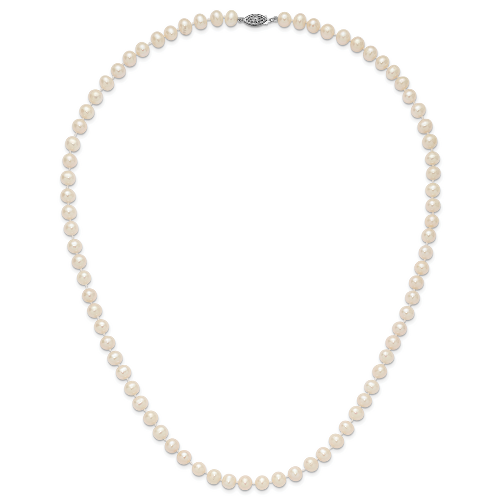 Sterling Silver Rhodium-plated 7-8mm White Near-Round Freshwater Cultured Pearl 24 inch Necklace