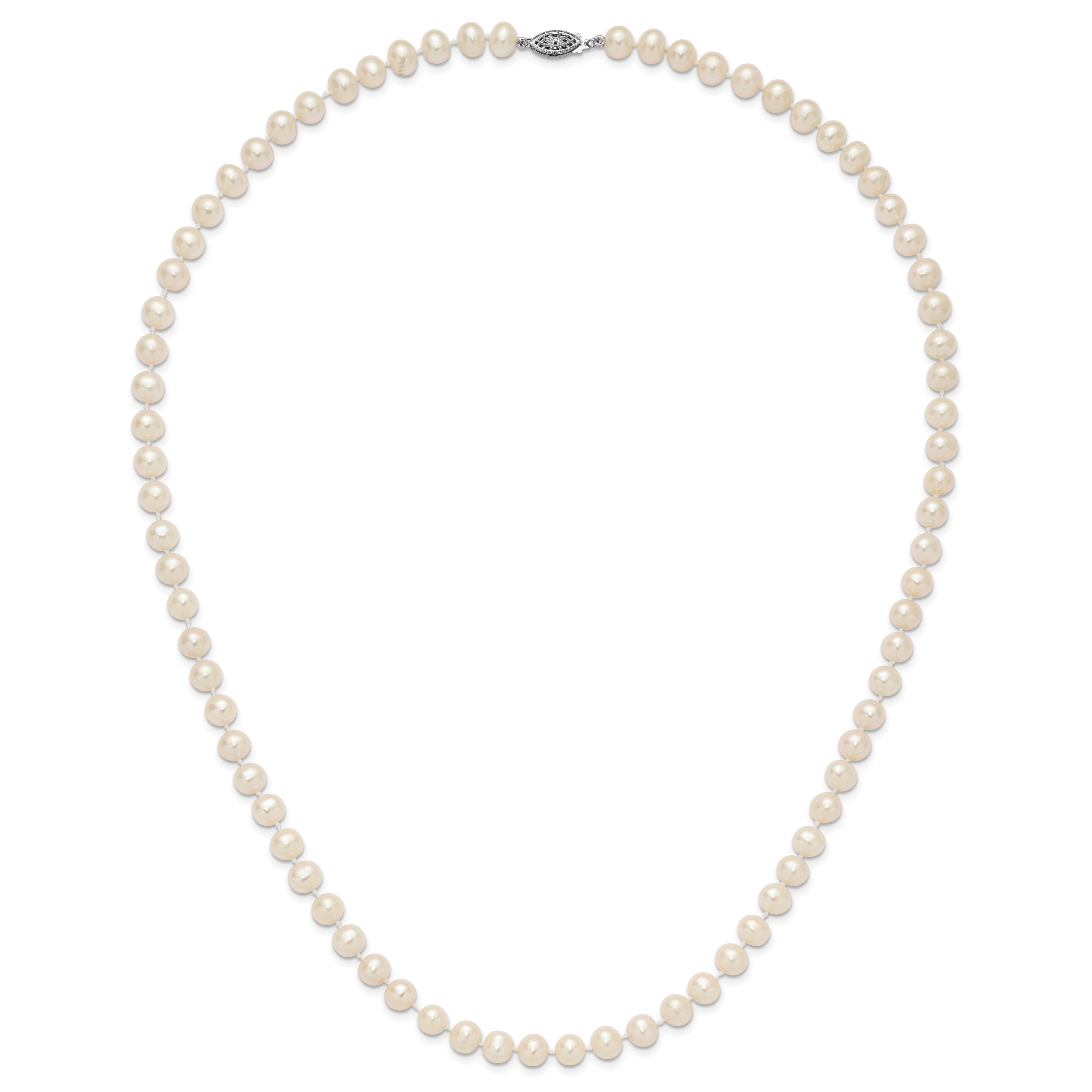 Sterling Silver Rhodium-plated 7-8mm White Near-Round Freshwater Cultured Pearl 24 inch Necklace