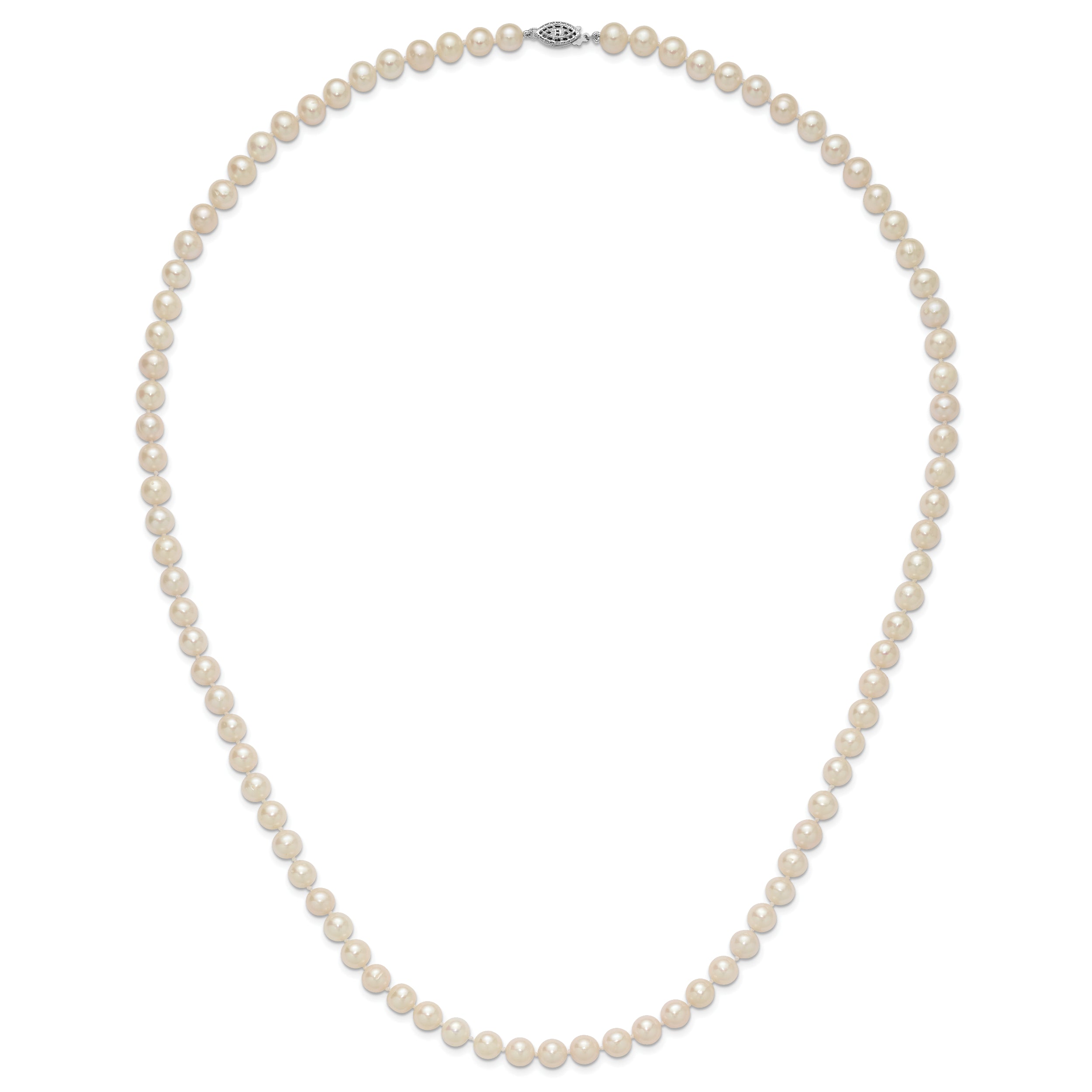 Sterling Silver Rhodium-plated 7-8mm White Near-Round Freshwater Cultured Pearl 28 inch Necklace