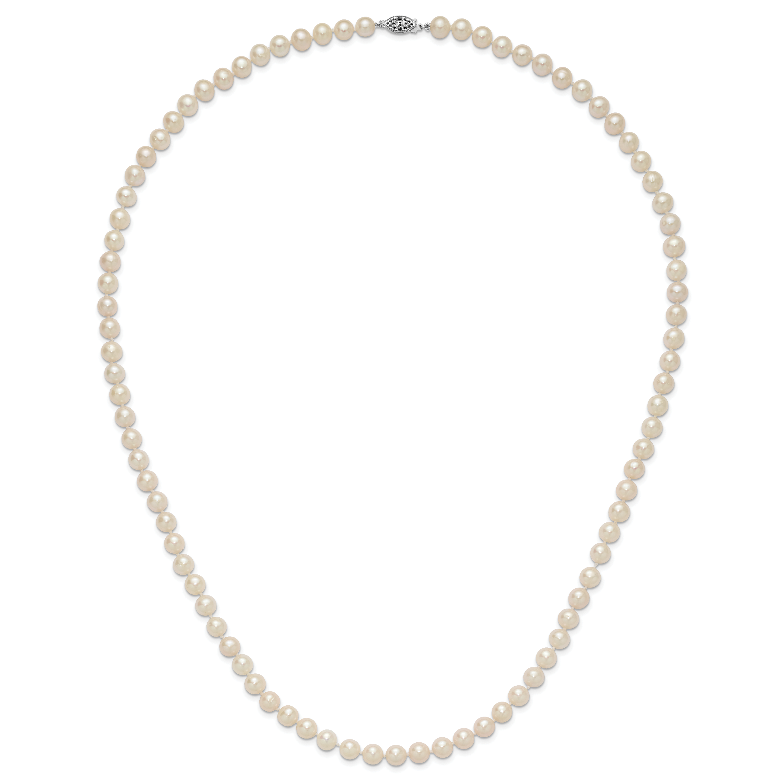 Sterling Silver Rhodium-plated 7-8mm White Near-Round Freshwater Cultured Pearl 28 inch Necklace