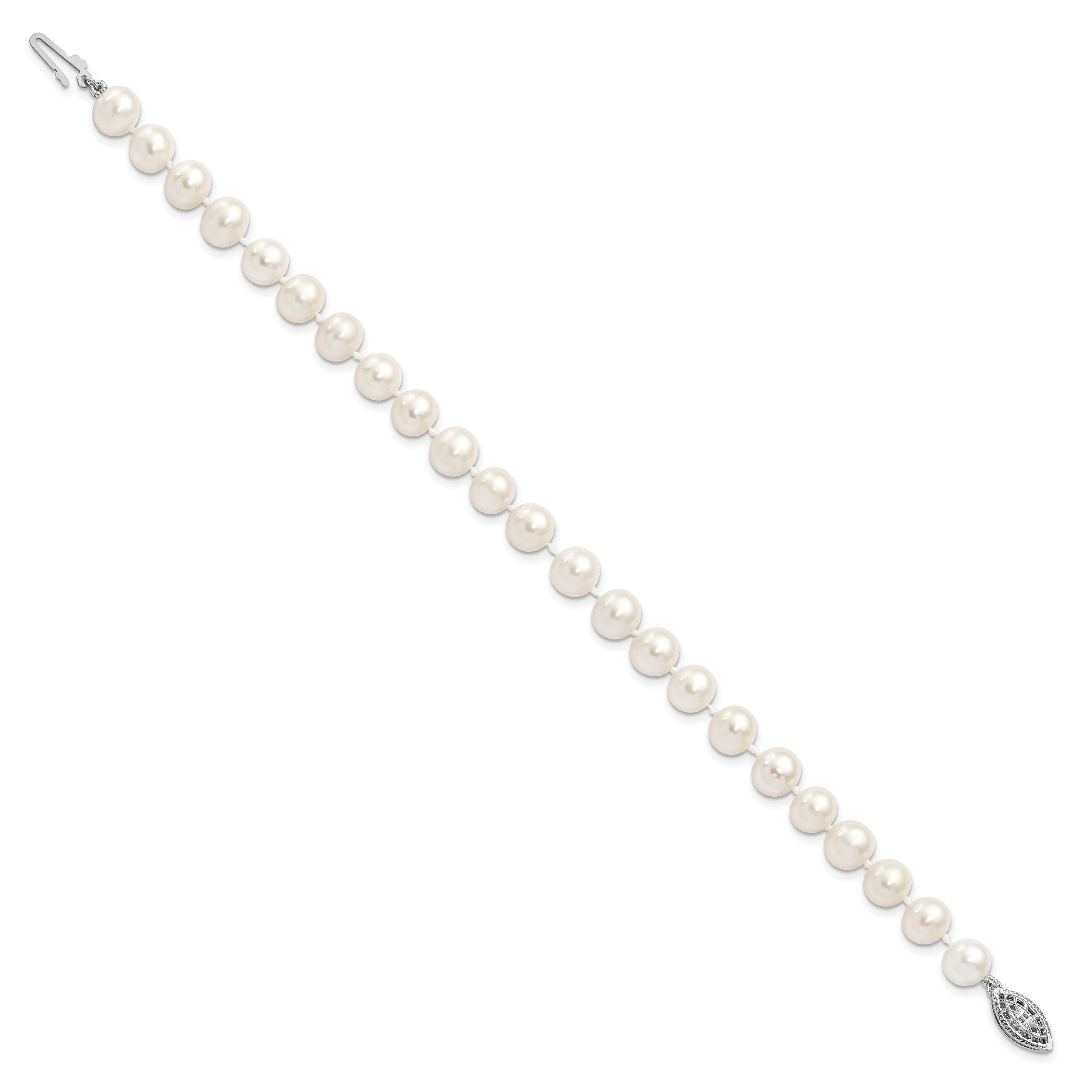 Sterling Silver Rhodium-plated 7-8mm White Near Round Freshwater Cultured Pearl8.25 inch  Bracelet
