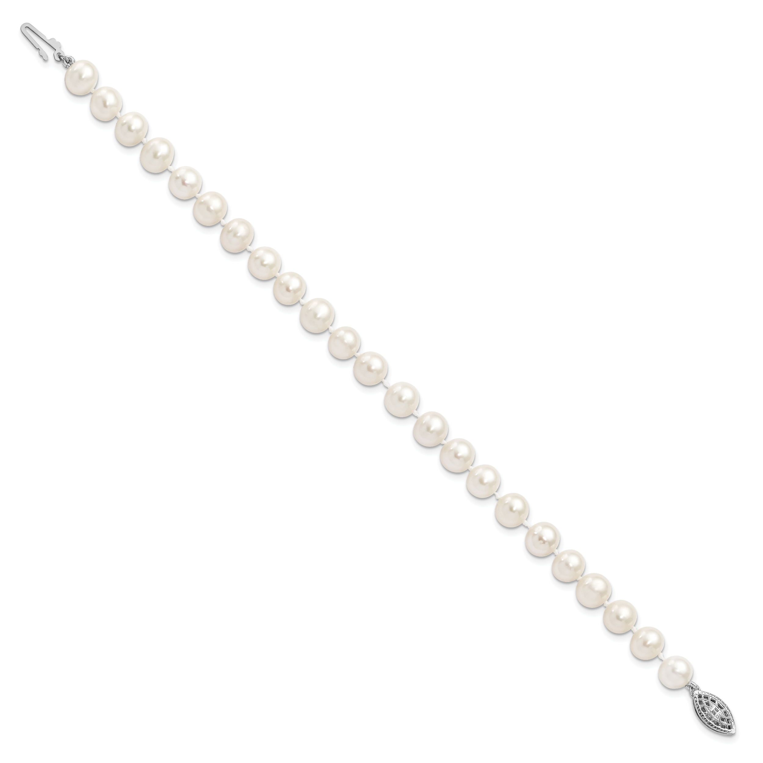 Sterling Silver Rhodium-plated 7-8mm White Near-Round Freshwater Cultured Pearl 7.25 inch Bracelet Secondary image